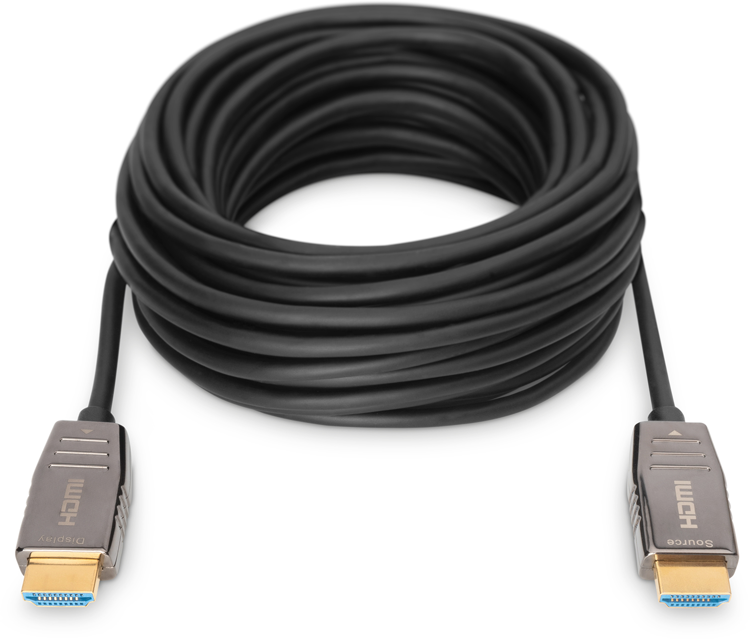 Ein schwarzes HDMI-Kabel ist aufgerollt. Die Enden haben Metallverbinder mit HDMI- und Display-Etiketten.