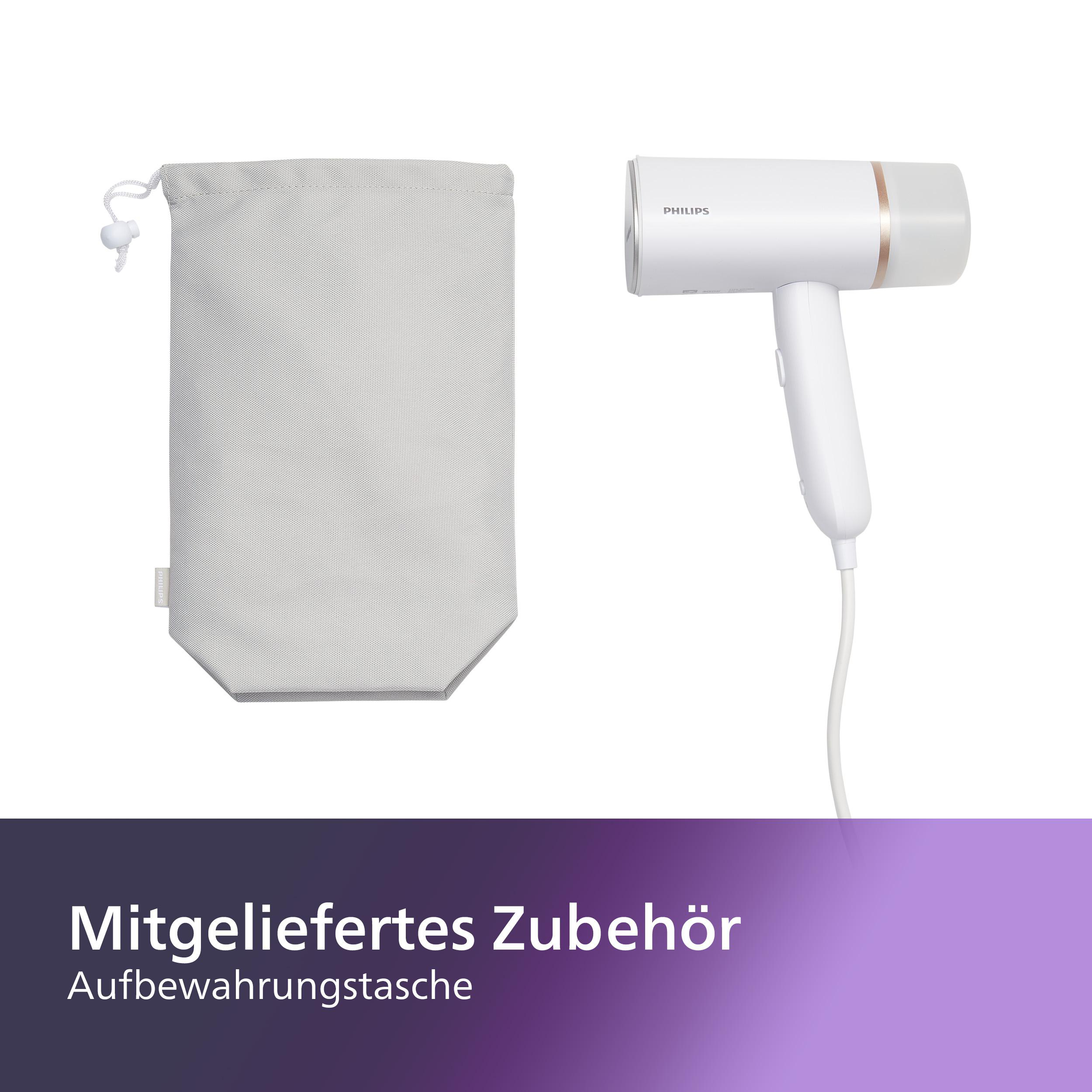Weißer Philips Haartrockner und eine graue Aufbewahrungstasche. Text: Mitgeliefertes Zubehör, Aufbewahrungstasche.