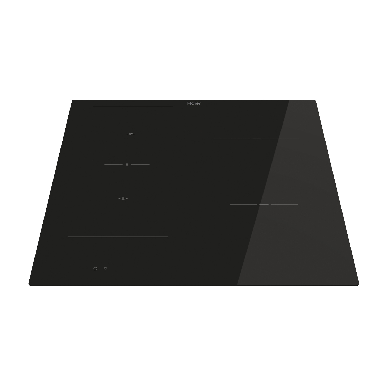 Piano cottura a induzione nero con comandi touch. Logo Haier visibile.