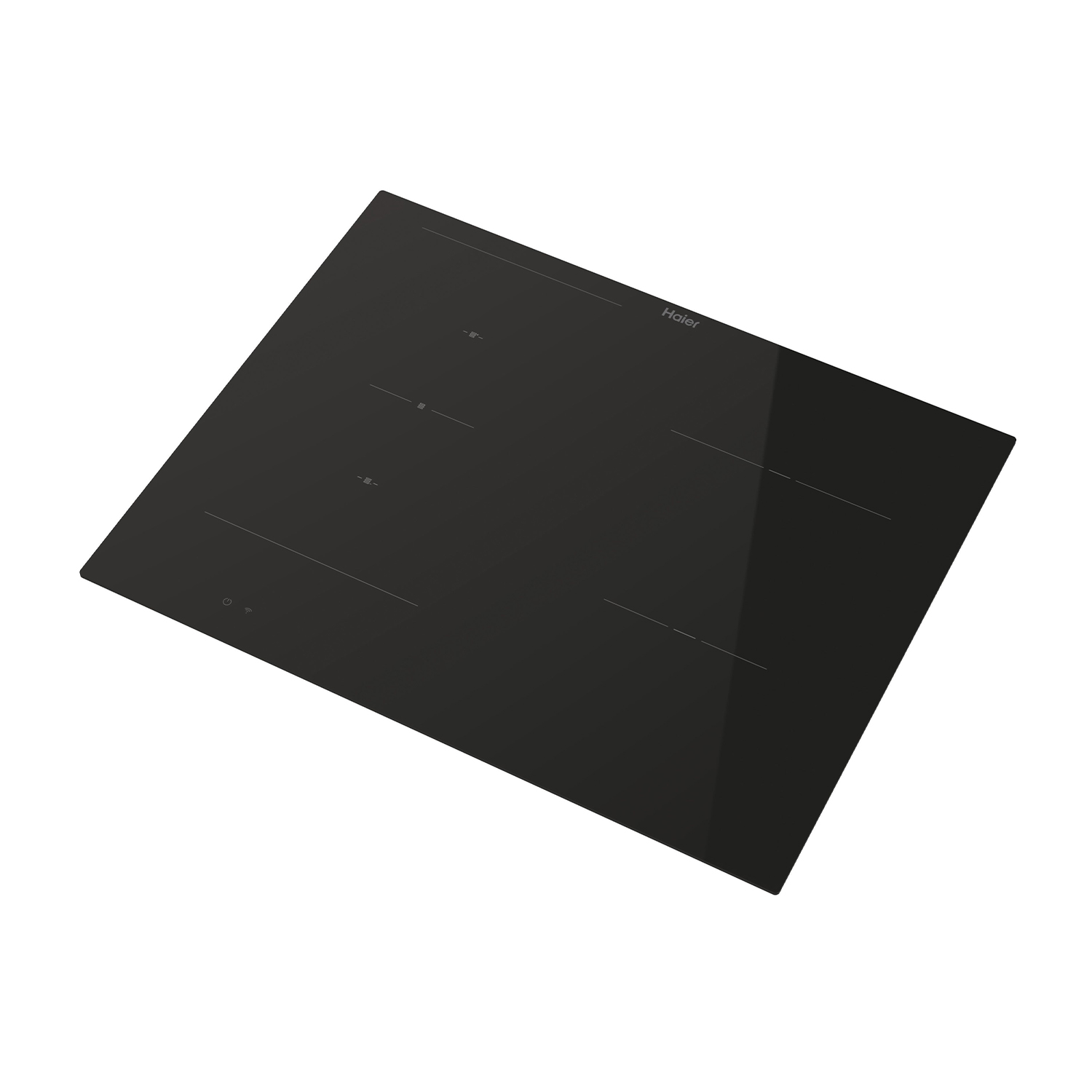 Un piano cottura a induzione nero con quattro zone cottura. Logo Haier visibile in alto a destra.
