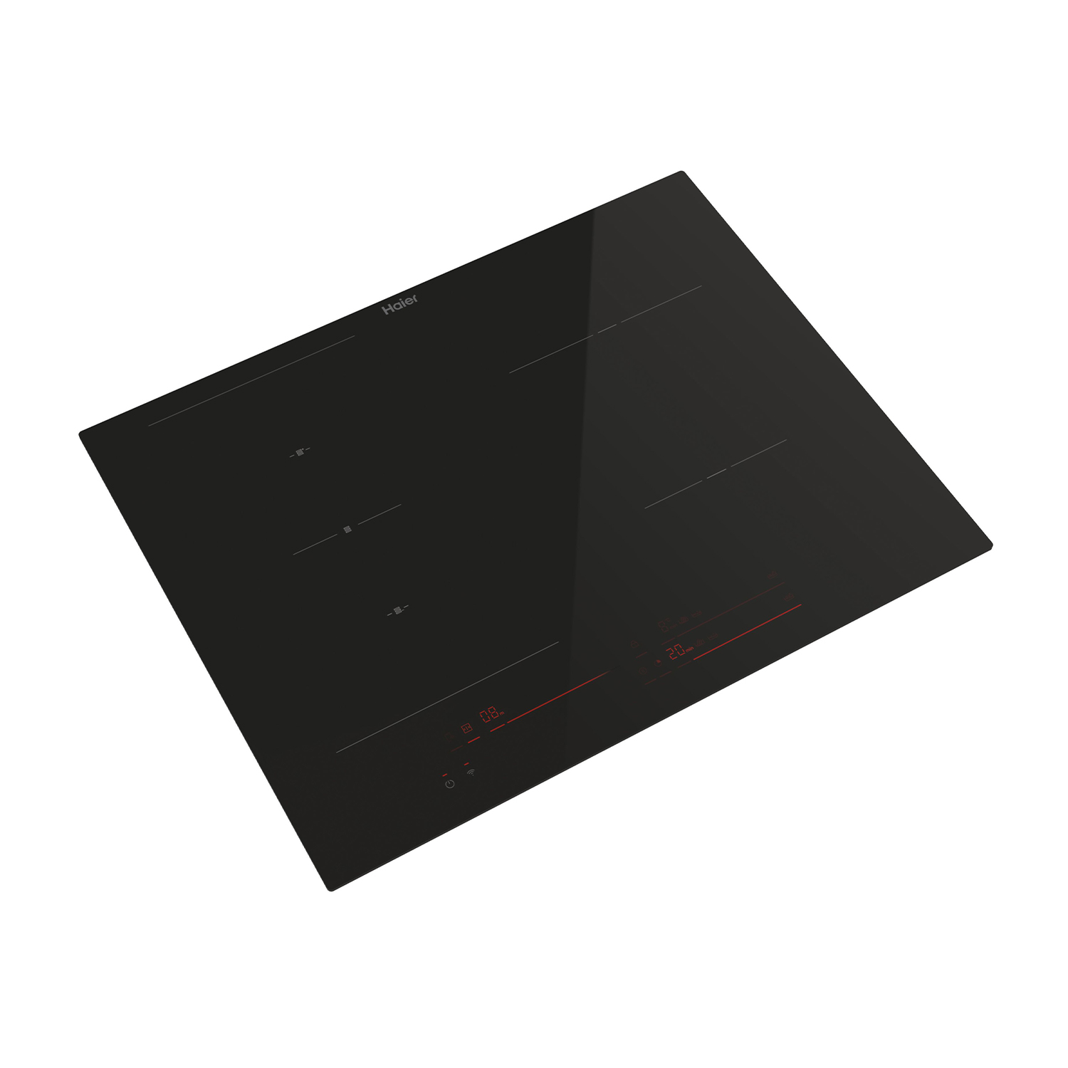 Piano cottura a induzione nero con display e comandi rossi.
