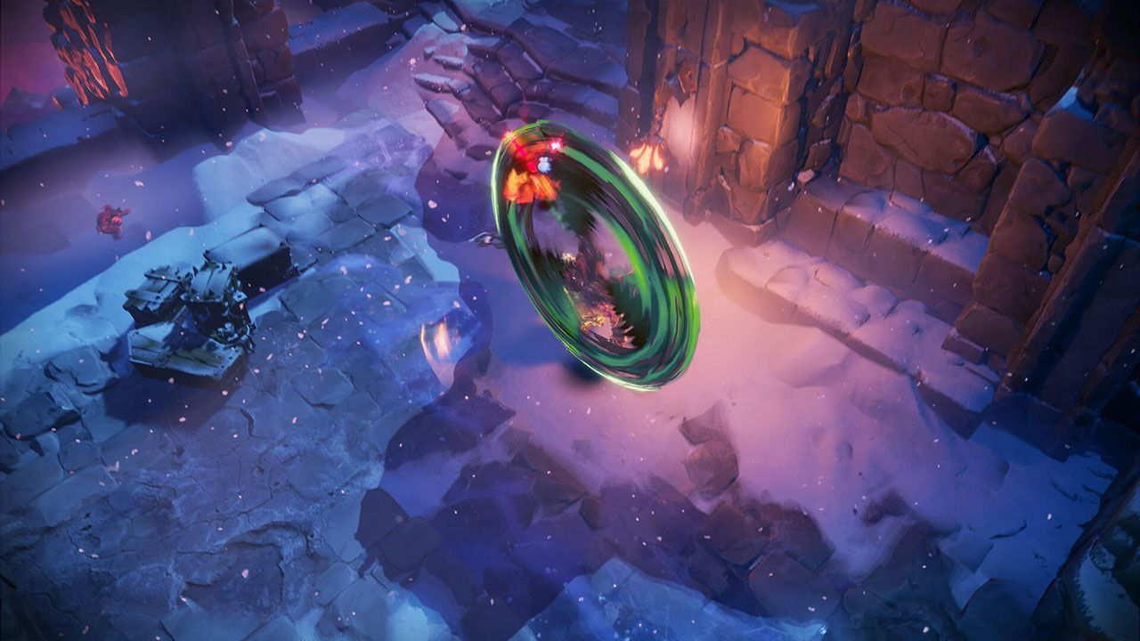 Une scène de jeu vidéo avec un portail circulaire dans un environnement en pierre.