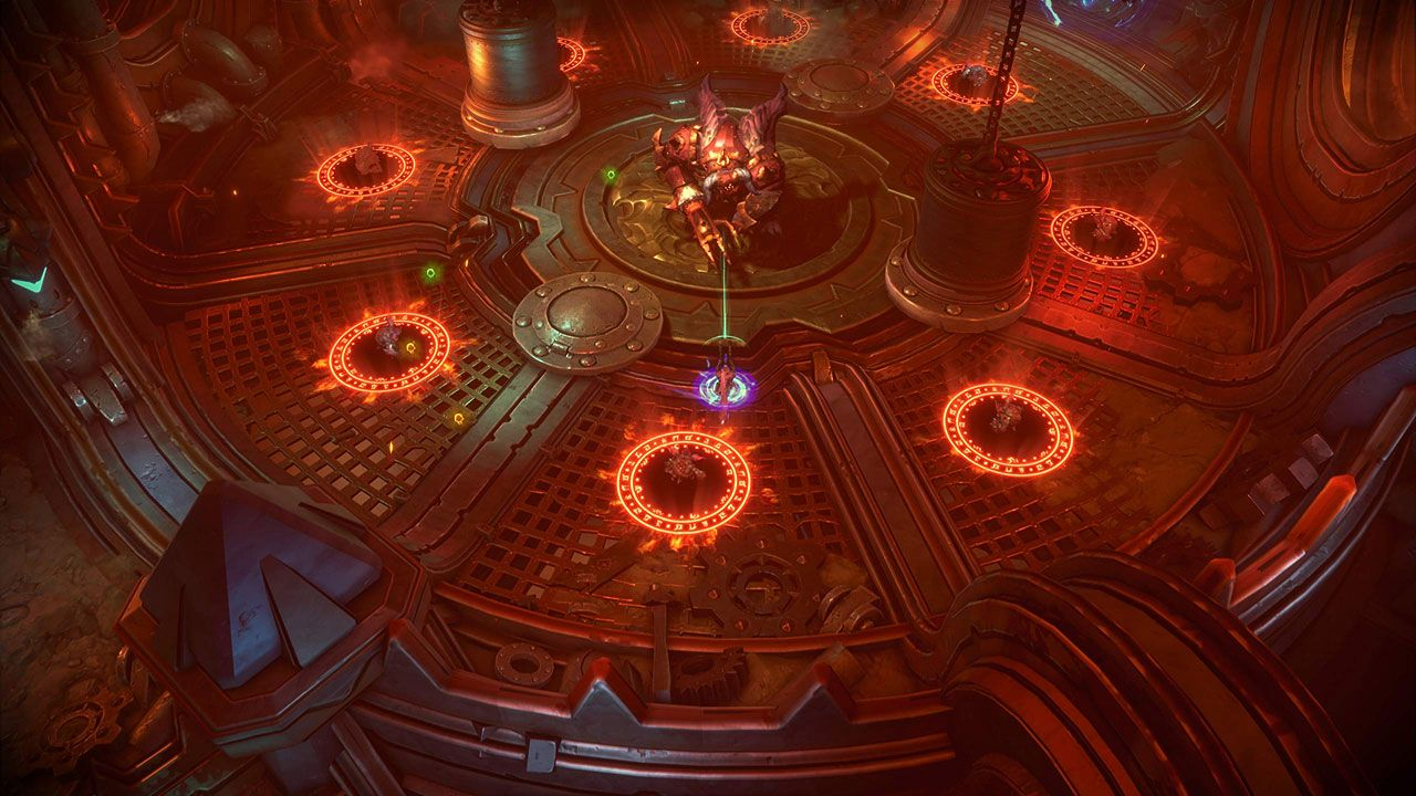 Vue de dessus d'une scène de jeu stylisée. Une structure centrale est entourée d'anneaux lumineux.