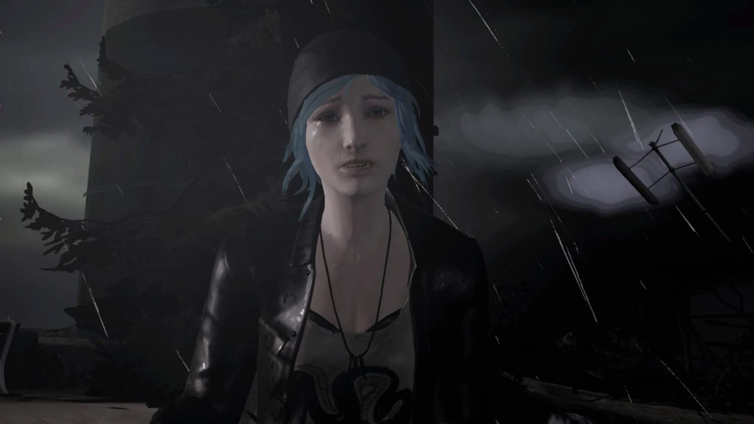 Une femme aux cheveux bleus a l'air triste, avec de la pluie et une structure en pierre en arrière-plan.