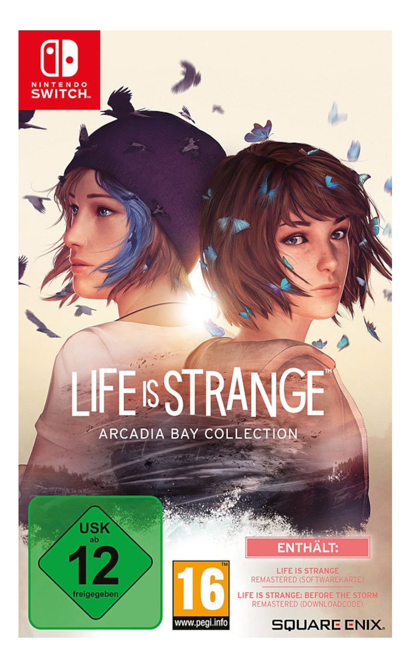 Jaquette de jeu : Deux femmes, titre Life is Strange, papillons, logo Nintendo Switch, USK 12.