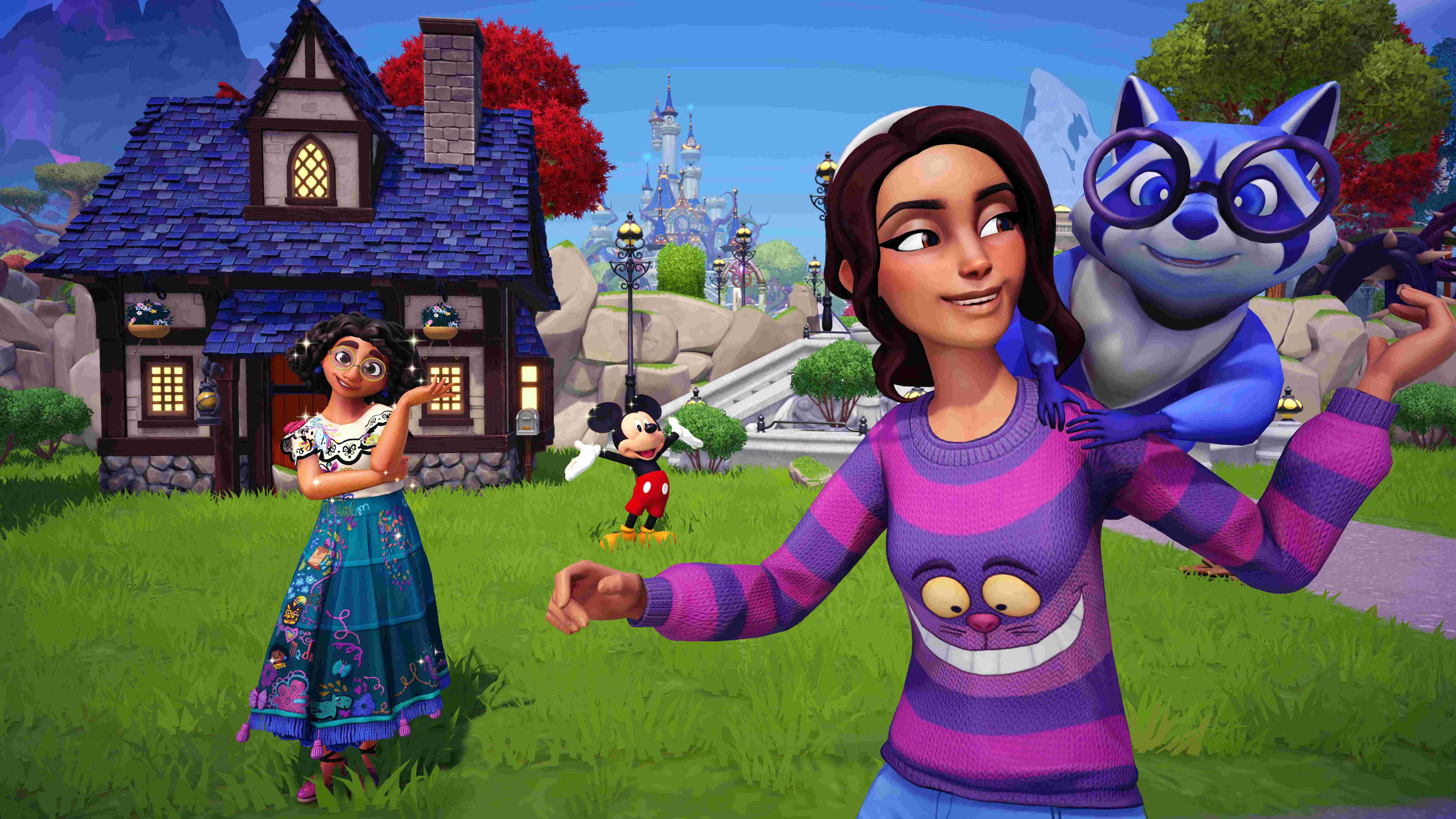 Una donna con un procione sulla spalla, Topolino e una ragazza in un gioco Disney.
