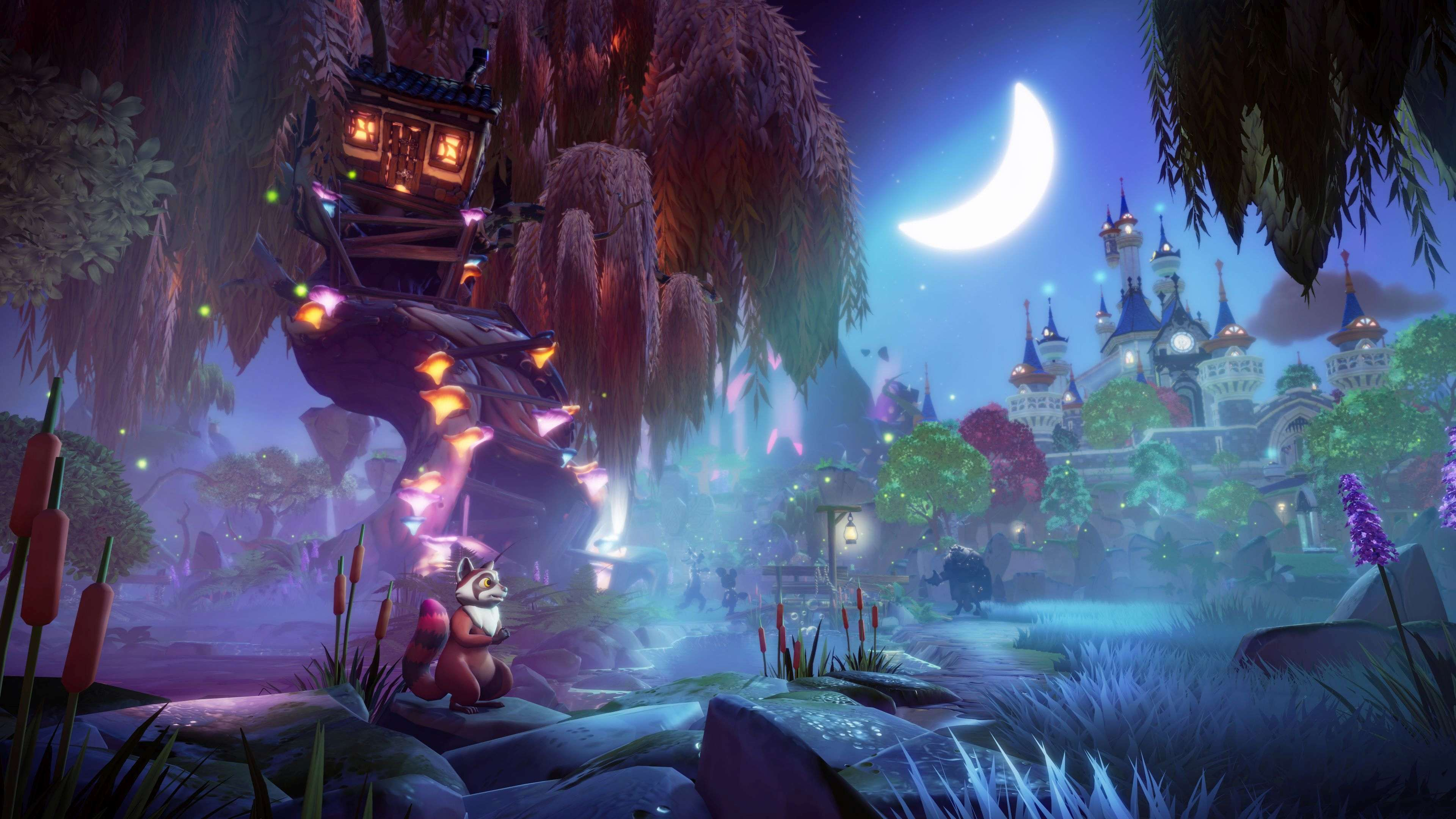 Una scena di gioco Disney. Un procione e un edificio con luci. Cielo notturno.