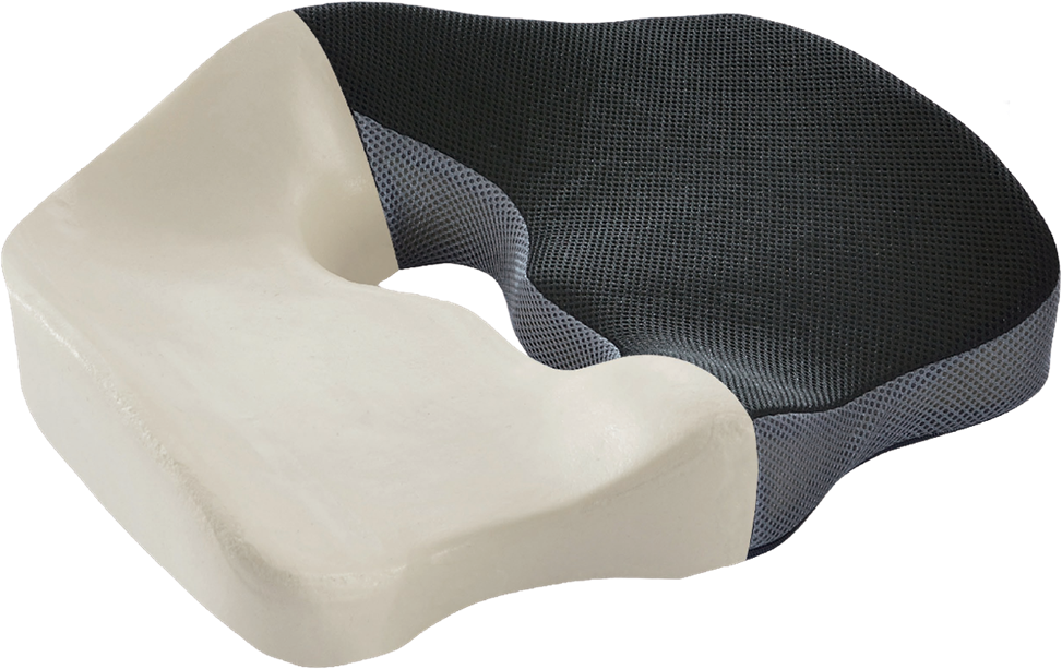 Ergonomikus párna fehér hab alappal és sötétszürke hálós tetővel. Ívelt formájú, valószínűleg üléskomfortra.