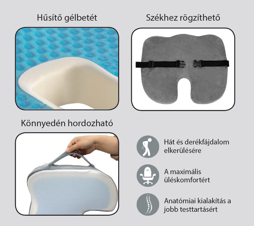 Négy kép egy gél üléspárnáról. A párna szürke és géllel rendelkezik.