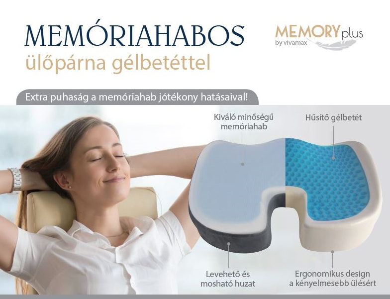 Egy nő csukott szemmel ül egy bézs széken. Van egy memóriahabos párna.