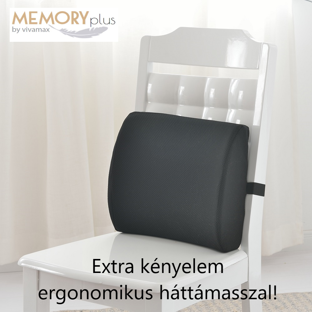 Egy fekete deréktámasz párna egy fehér széken, magyar nyelvű szöveggel.