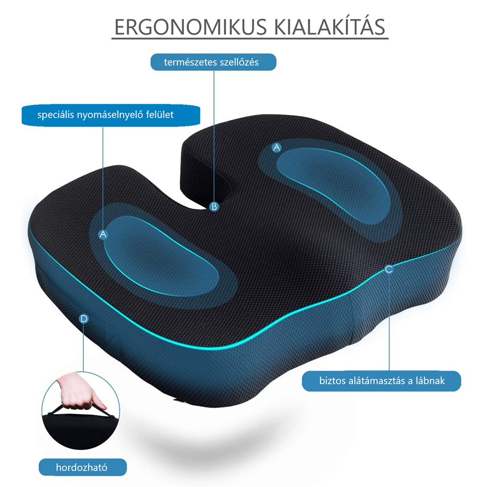 Ergonomikus üléspárna kék részletekkel, a főbb jellemzőket mutatja.