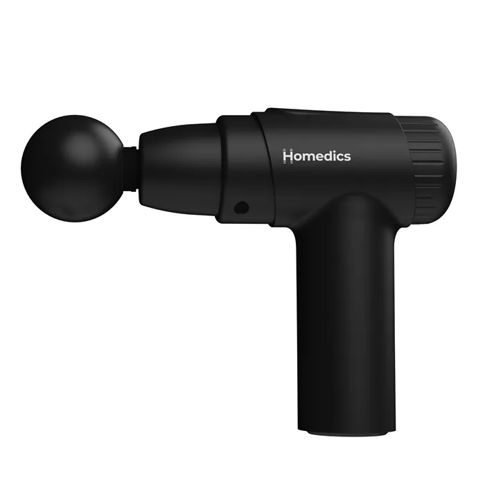 Fekete masszázspisztoly 'Homedics' márkanévvel.
