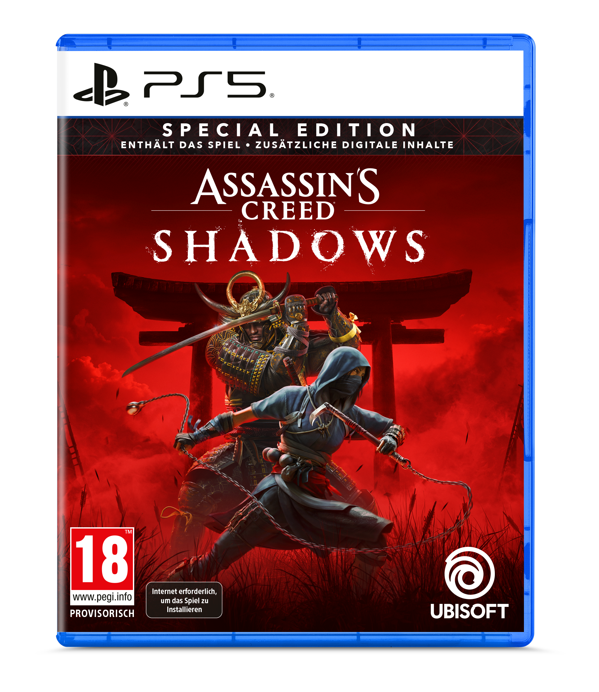 PS5-Spielbox: Assassin's Creed Shadows. Samurai und Ninja kämpfen. Roter Hintergrund.