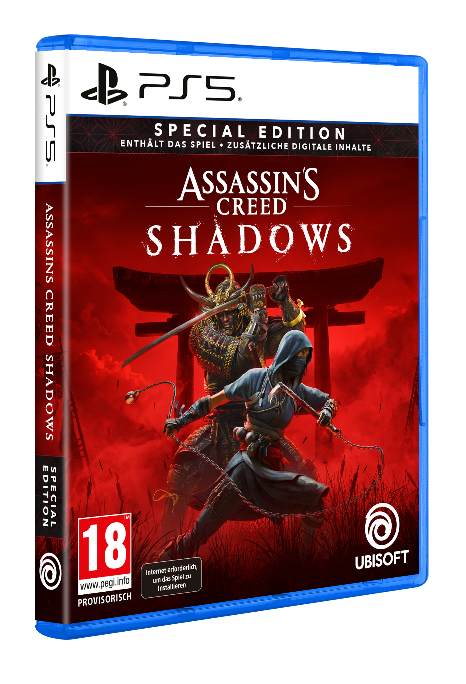 PS5-Spielbox: Assassin's Creed Shadows, Sonderausgabe, mit Charakter-Artwork.