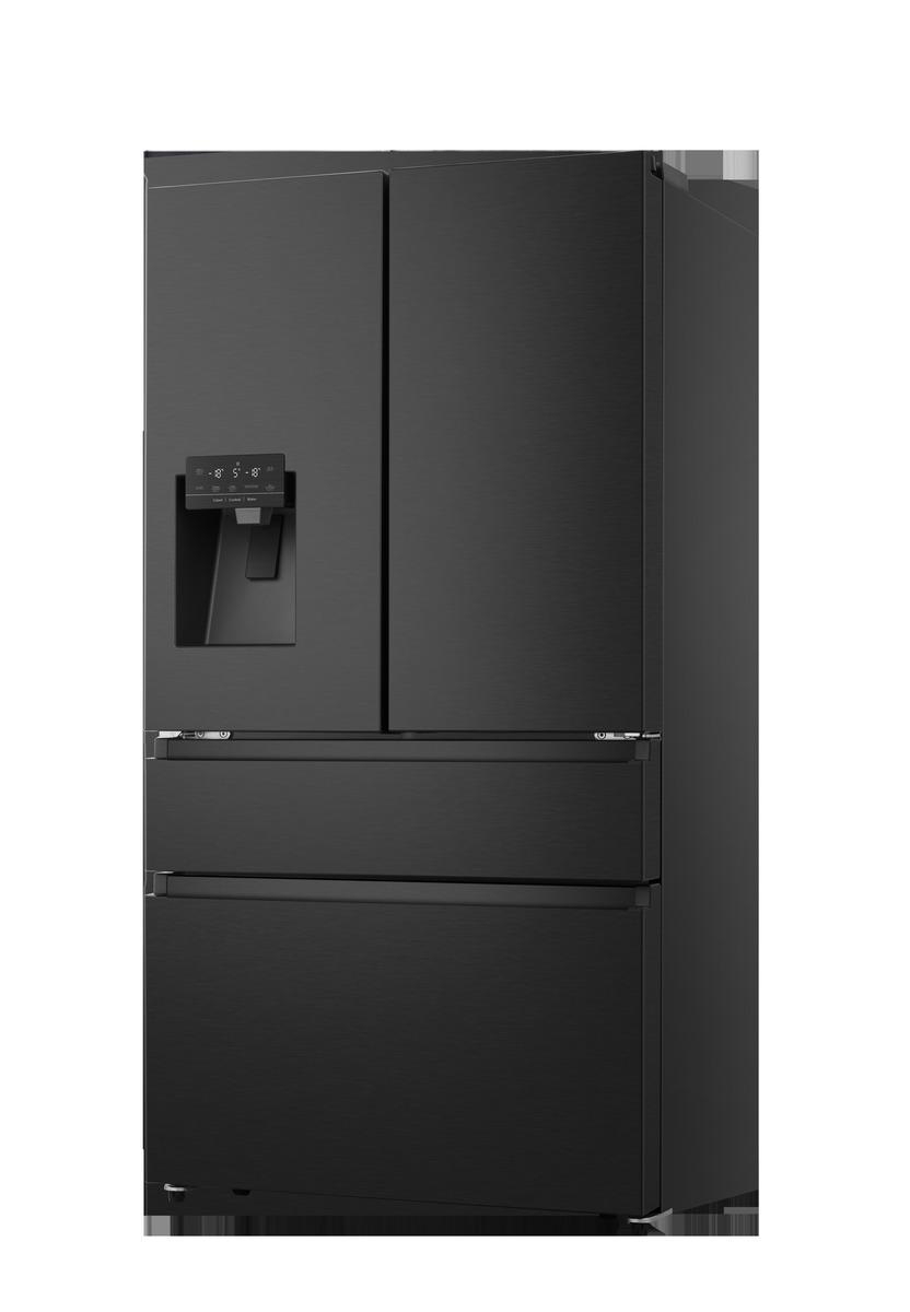 Ein schwarzer Kühlschrank mit zwei Türen oben und zwei Schubladen unten. Er hat einen Wasserspender und eine Temperaturanzeige.