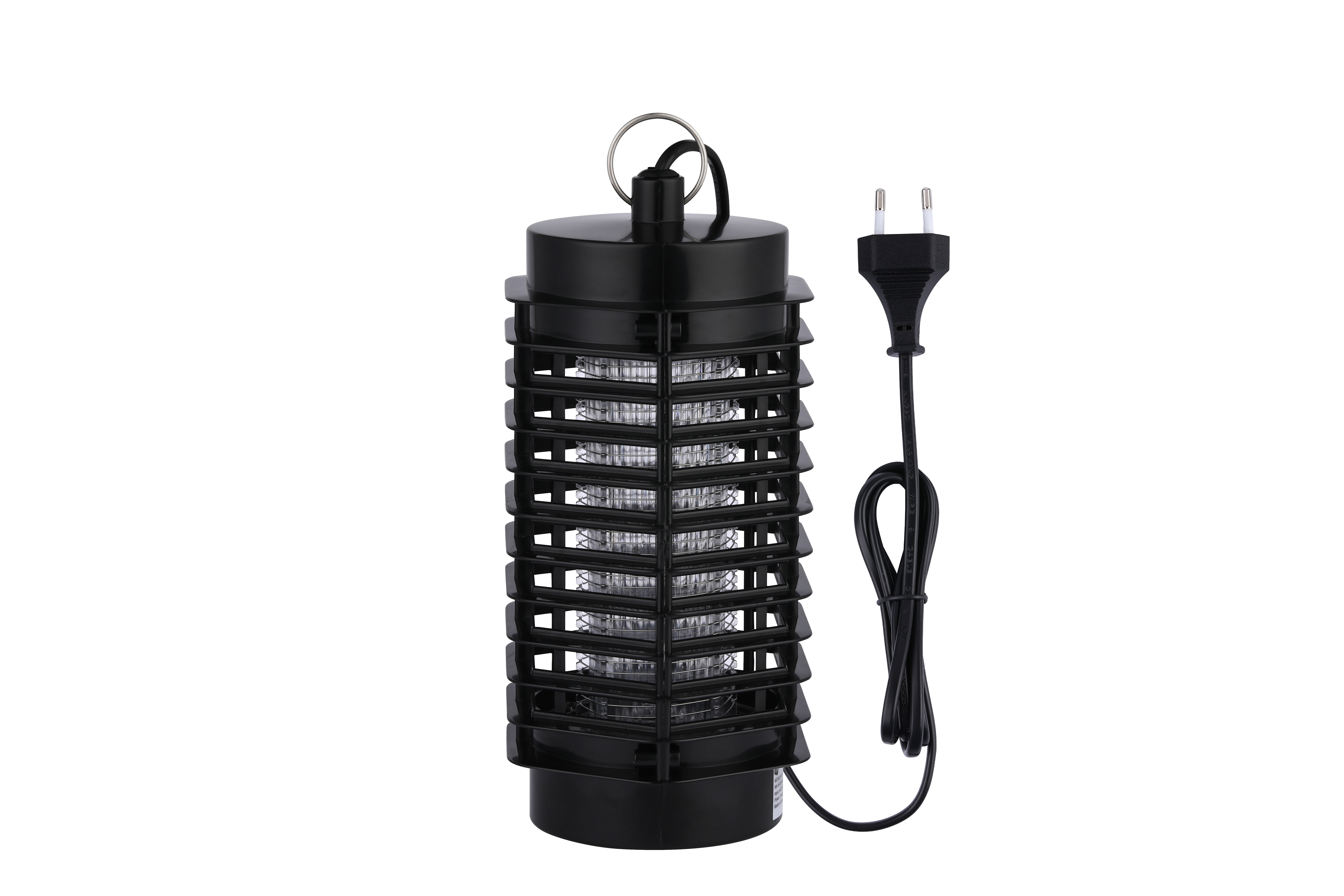 Mata insectos negro con cable de alimentación. Tiene forma cilíndrica.