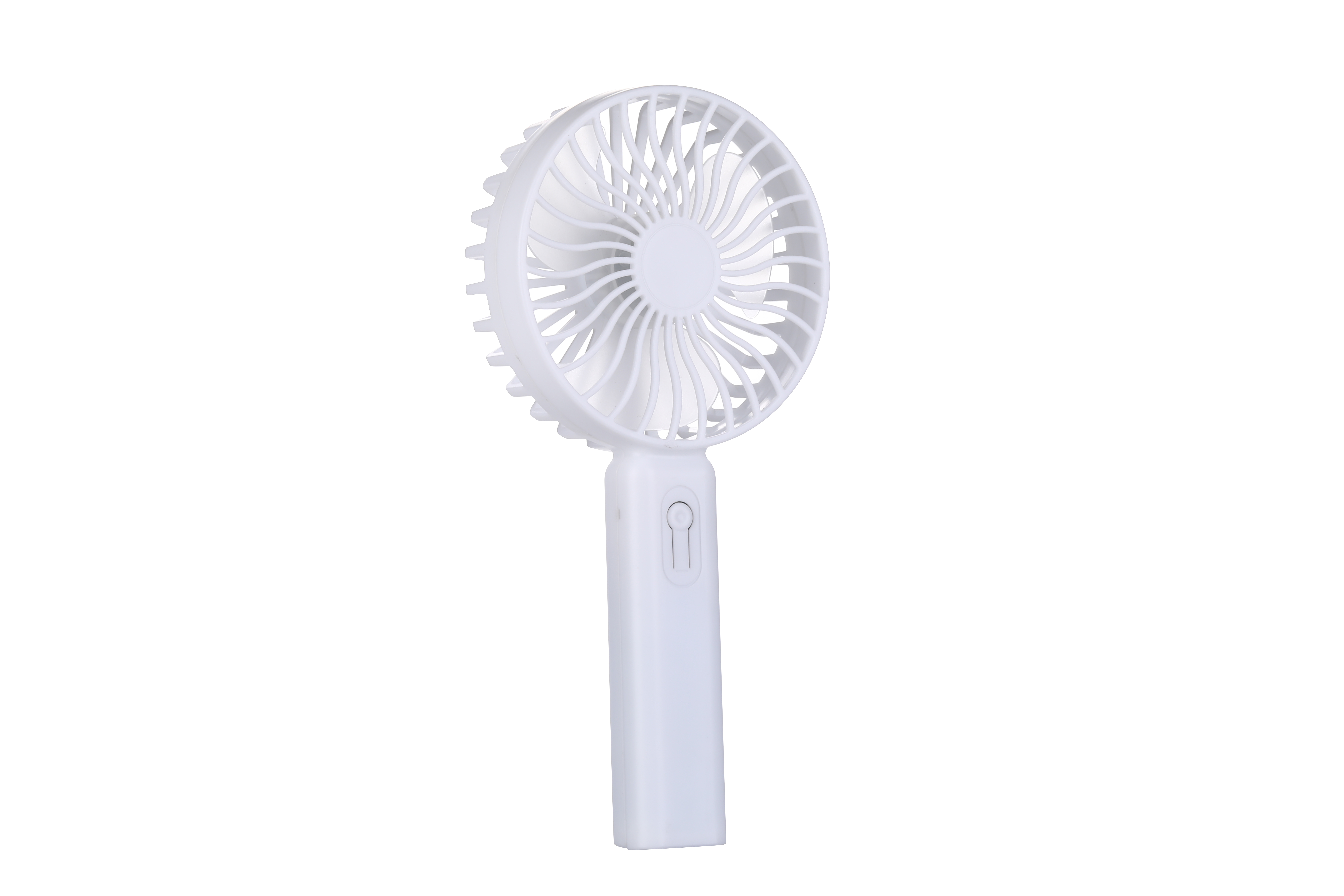 Ventilador de mano blanco con mango. El ventilador tiene una cabeza circular con aspas.