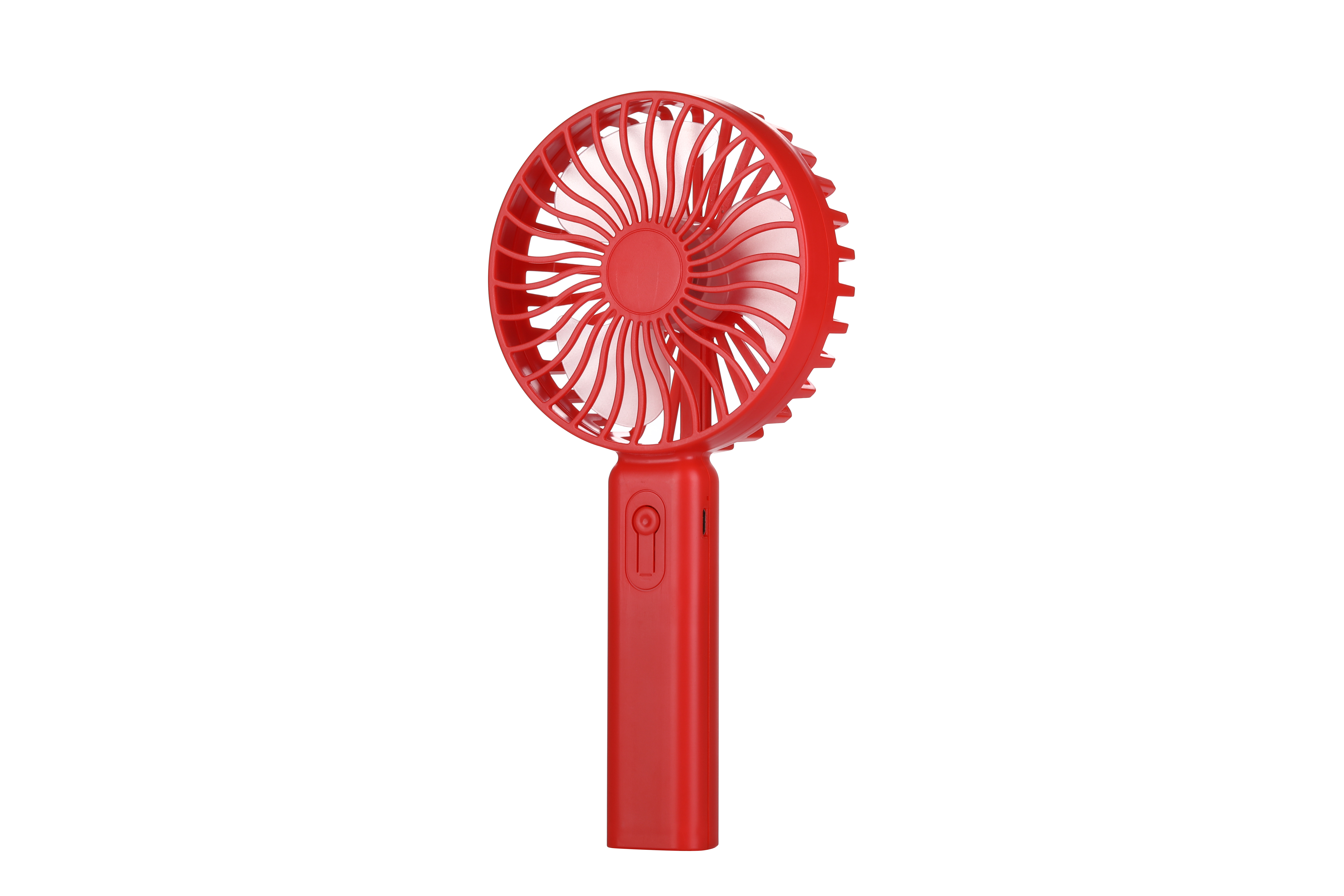 Ventilador portátil rojo sobre fondo blanco. Tiene un mango y una cabeza de ventilador circular.