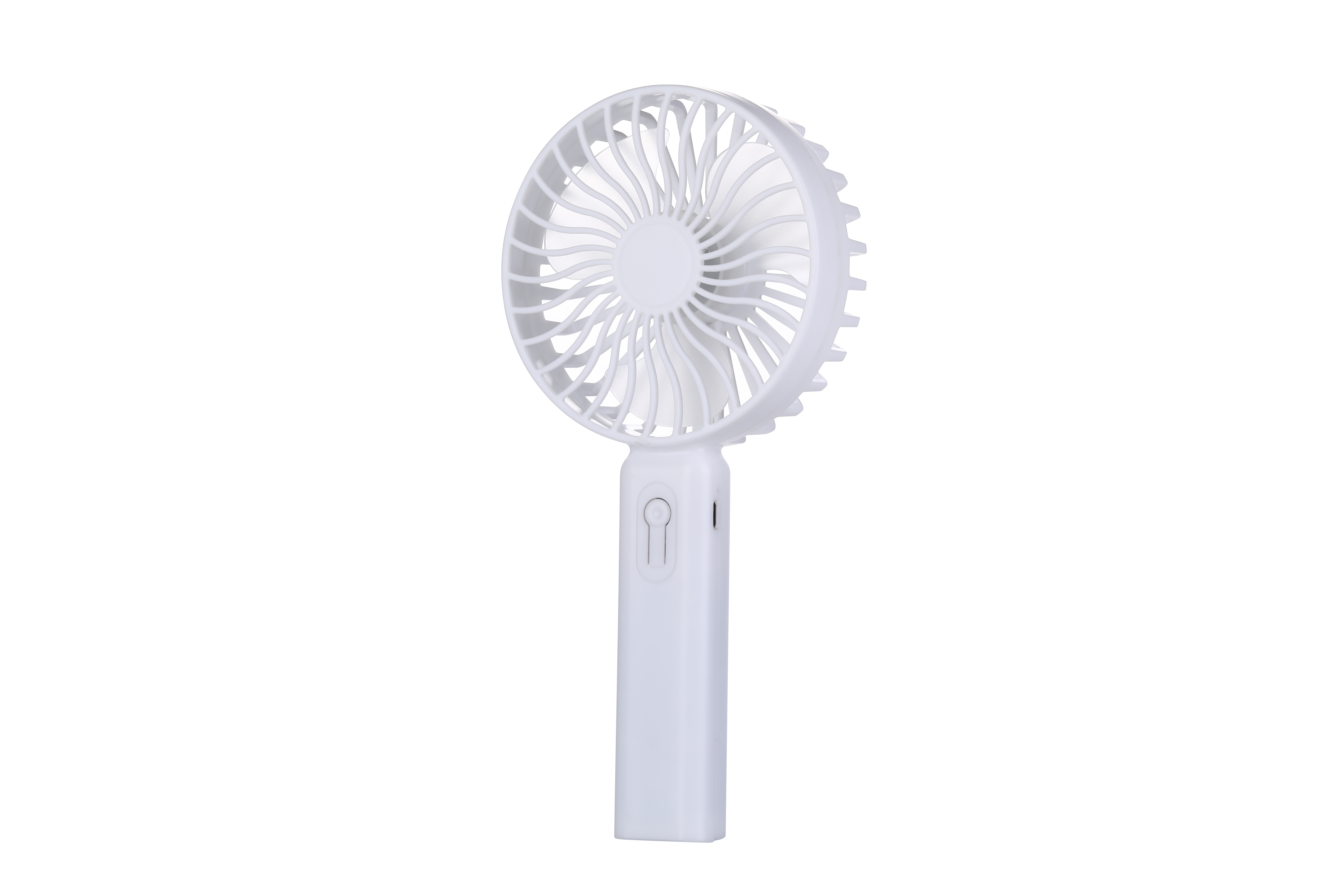 Ventilador de mano blanco con asa, interruptor y cubierta redonda del ventilador.