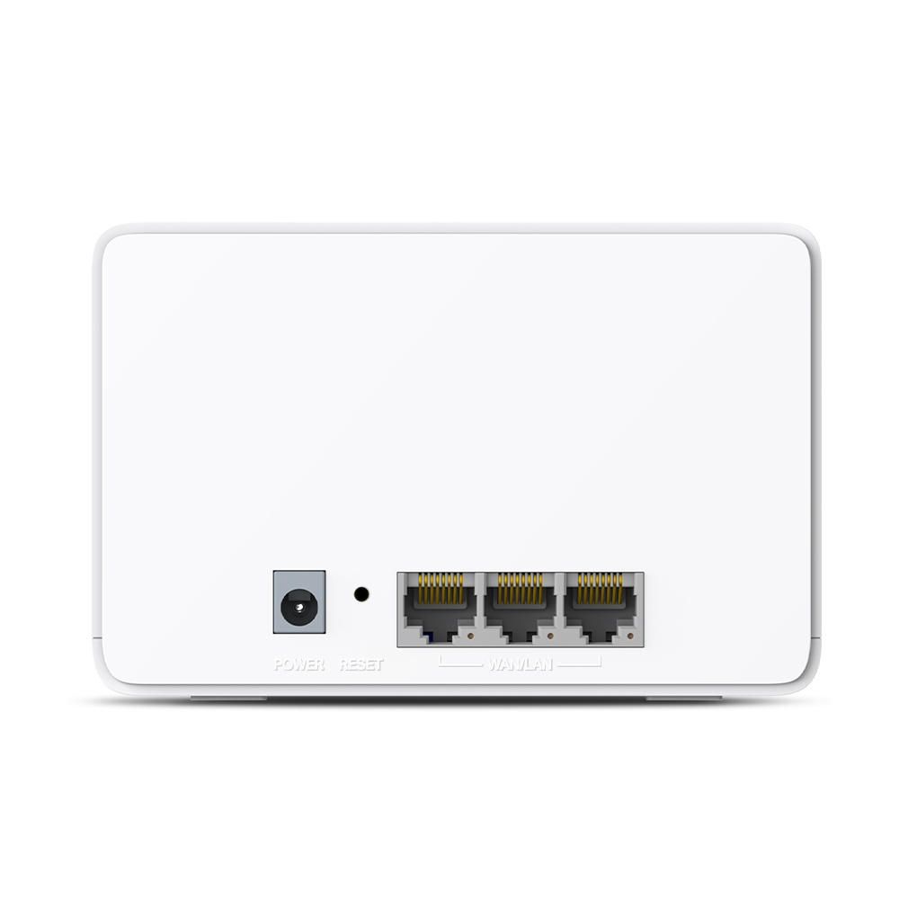 Router blanco: Puertos de alimentación, reinicio y WAN/LAN son visibles. Fondo blanco.