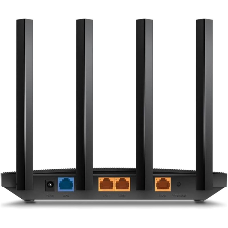 Vista trasera de un router negro con cuatro antenas, puertos de alimentación y LAN visibles.