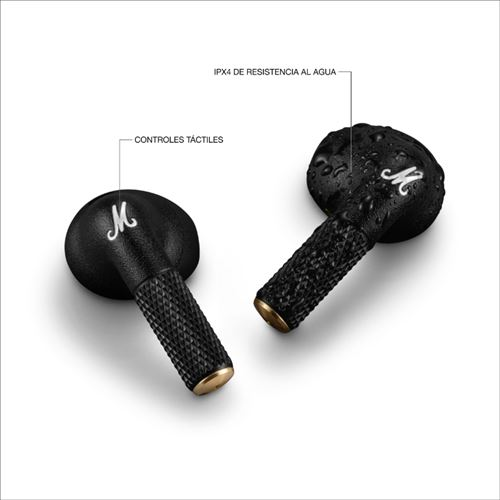 Auriculares inalámbricos negros con logo blanco de Marshall, vista en ángulo.