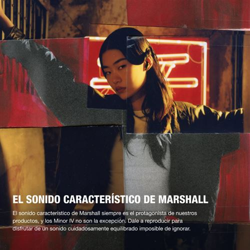 Una mujer frente a un letrero de neón, con auriculares Marshall, estilo collage.