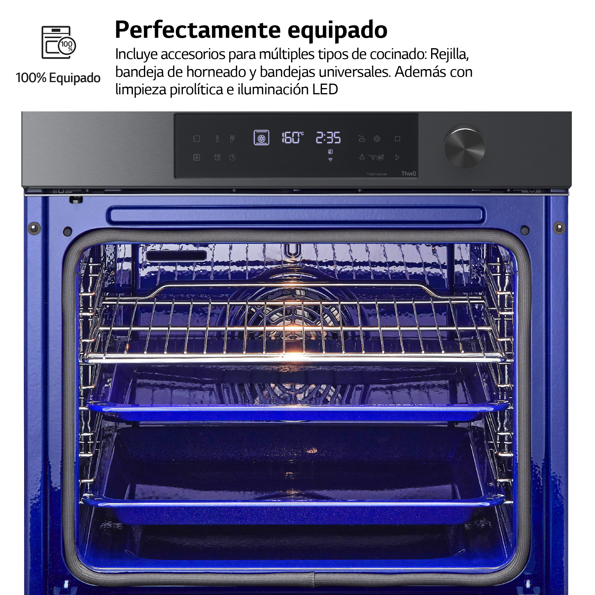 Interior del horno con rejillas, iluminado. Interior azul oscuro.