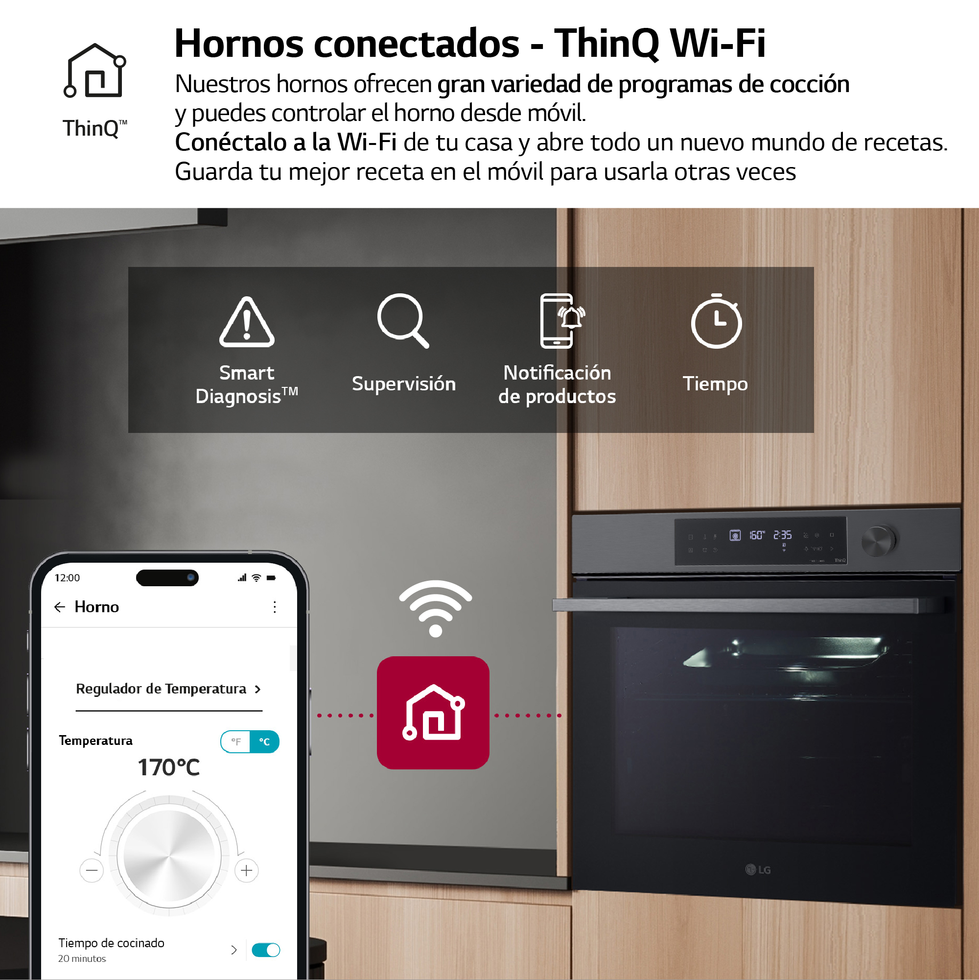 Una interfaz de horno inteligente LG en un teléfono, con un horno en el fondo. El horno está en una cocina.