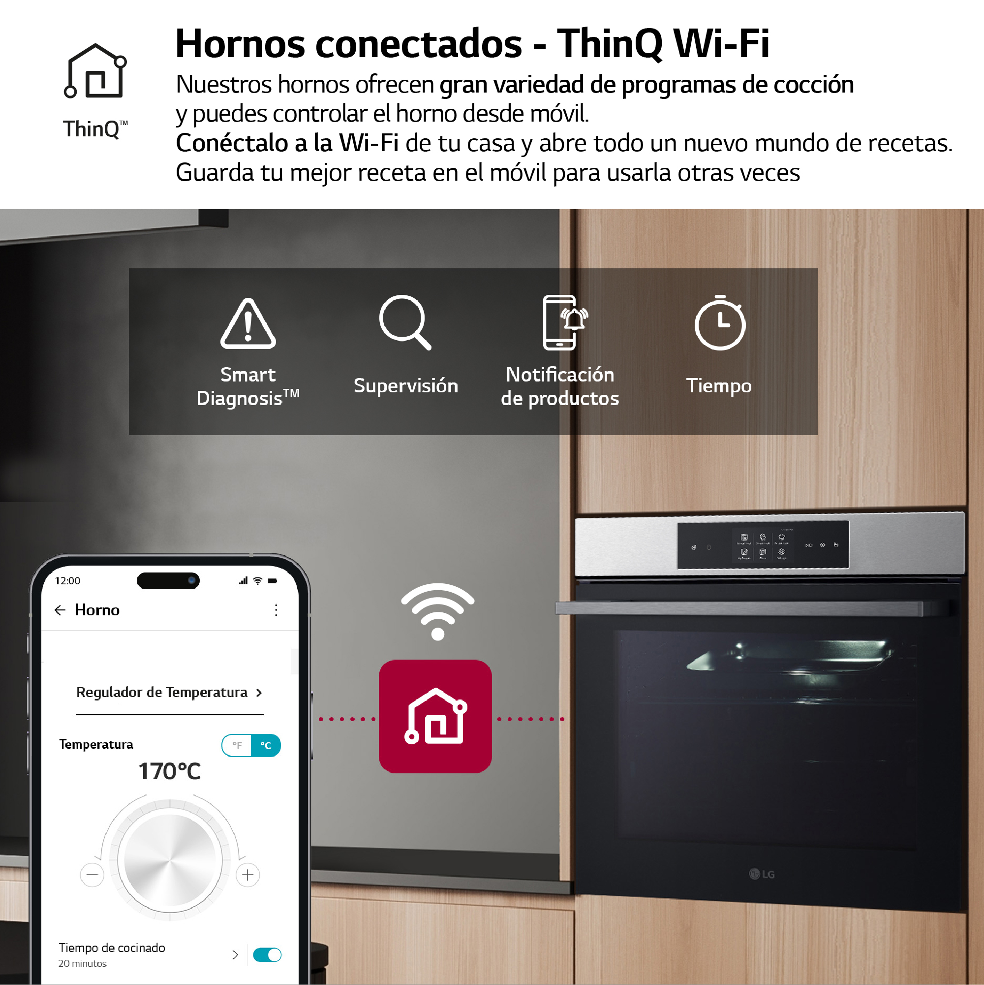 Se muestra un horno con ajustes de temperatura en un smartphone. El horno tiene un logotipo de Wi-Fi.