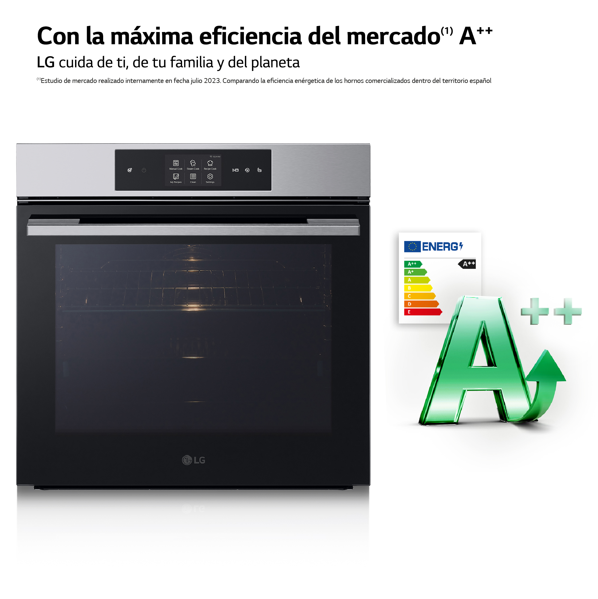 Un horno con puerta negra y una pantalla, con una etiqueta energética verde al lado.