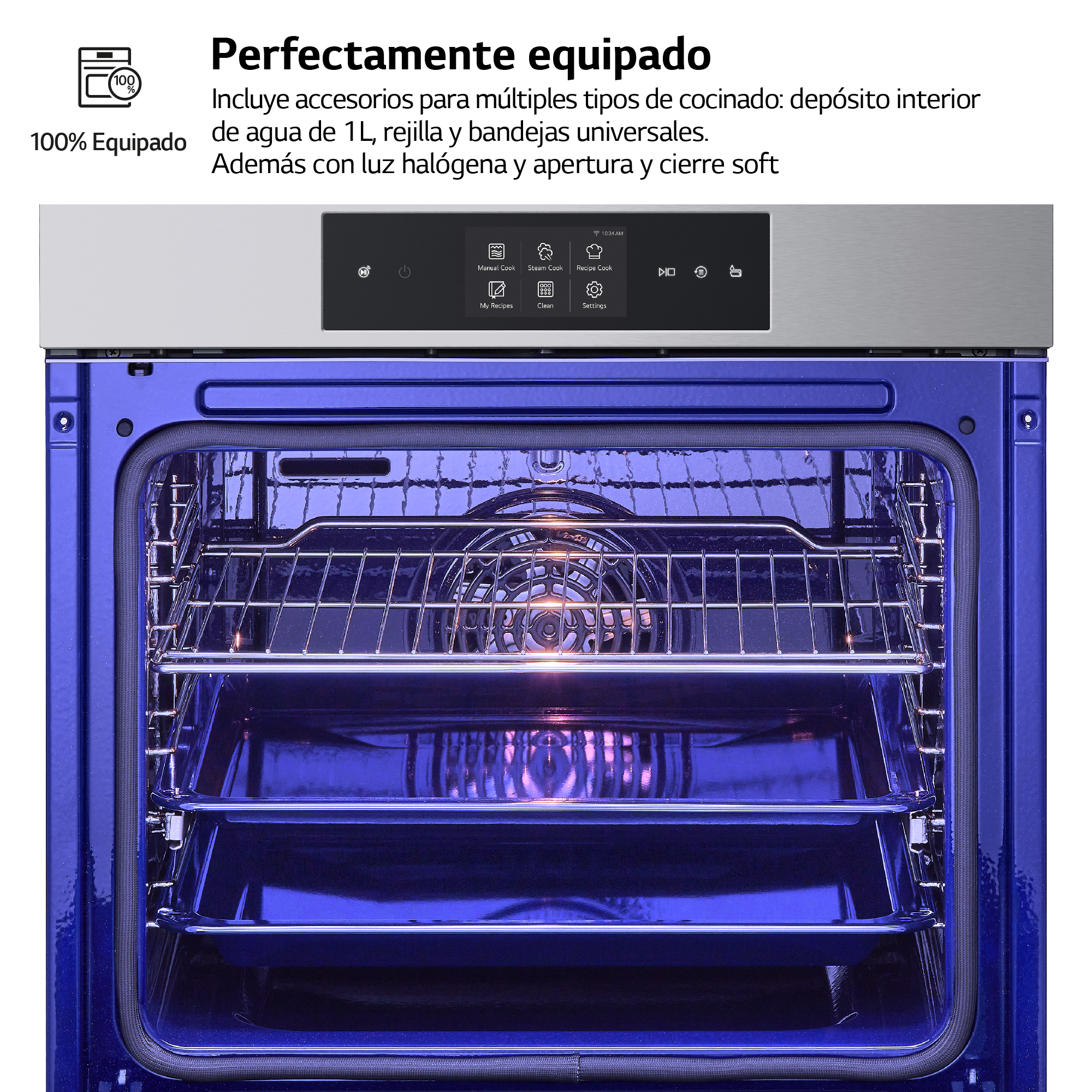 Interior del horno con rejillas e iluminación azul, panel de control en la parte superior.