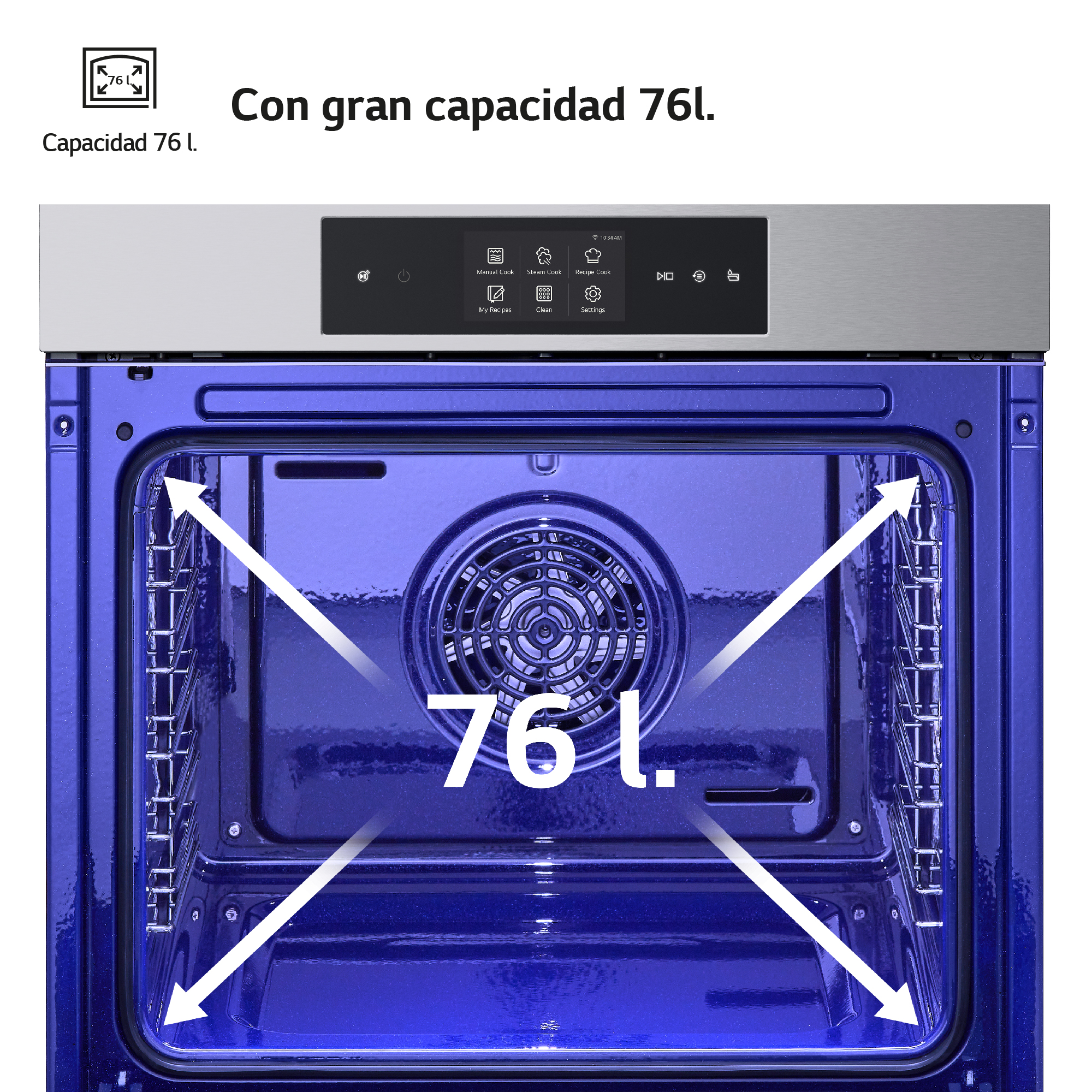 Interior del horno, azul, con ventilador y flechas que muestran la capacidad.