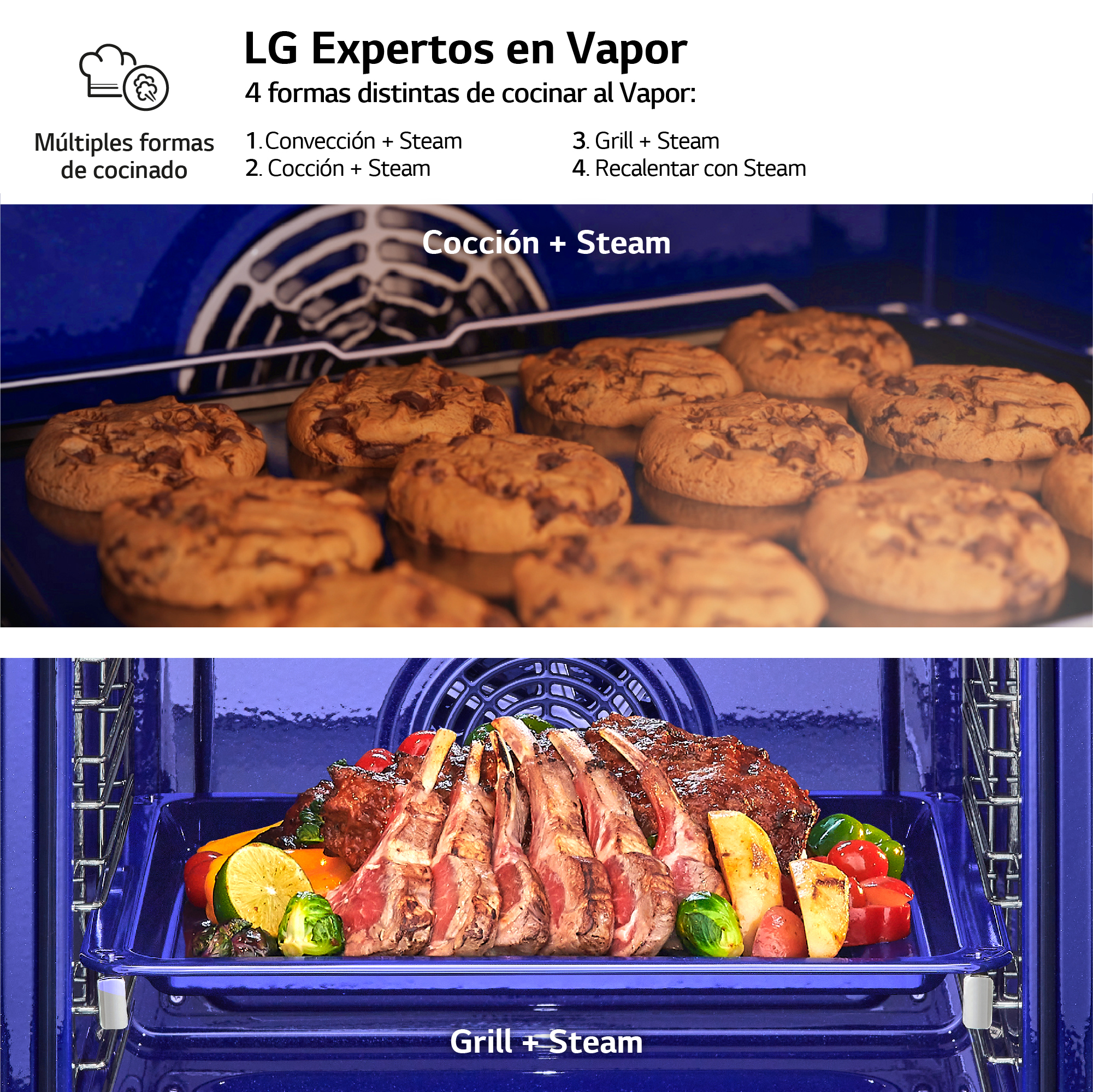 Dentro de un horno LG, mostrando galletas y cordero asado con verduras, con diferentes modos de cocción.