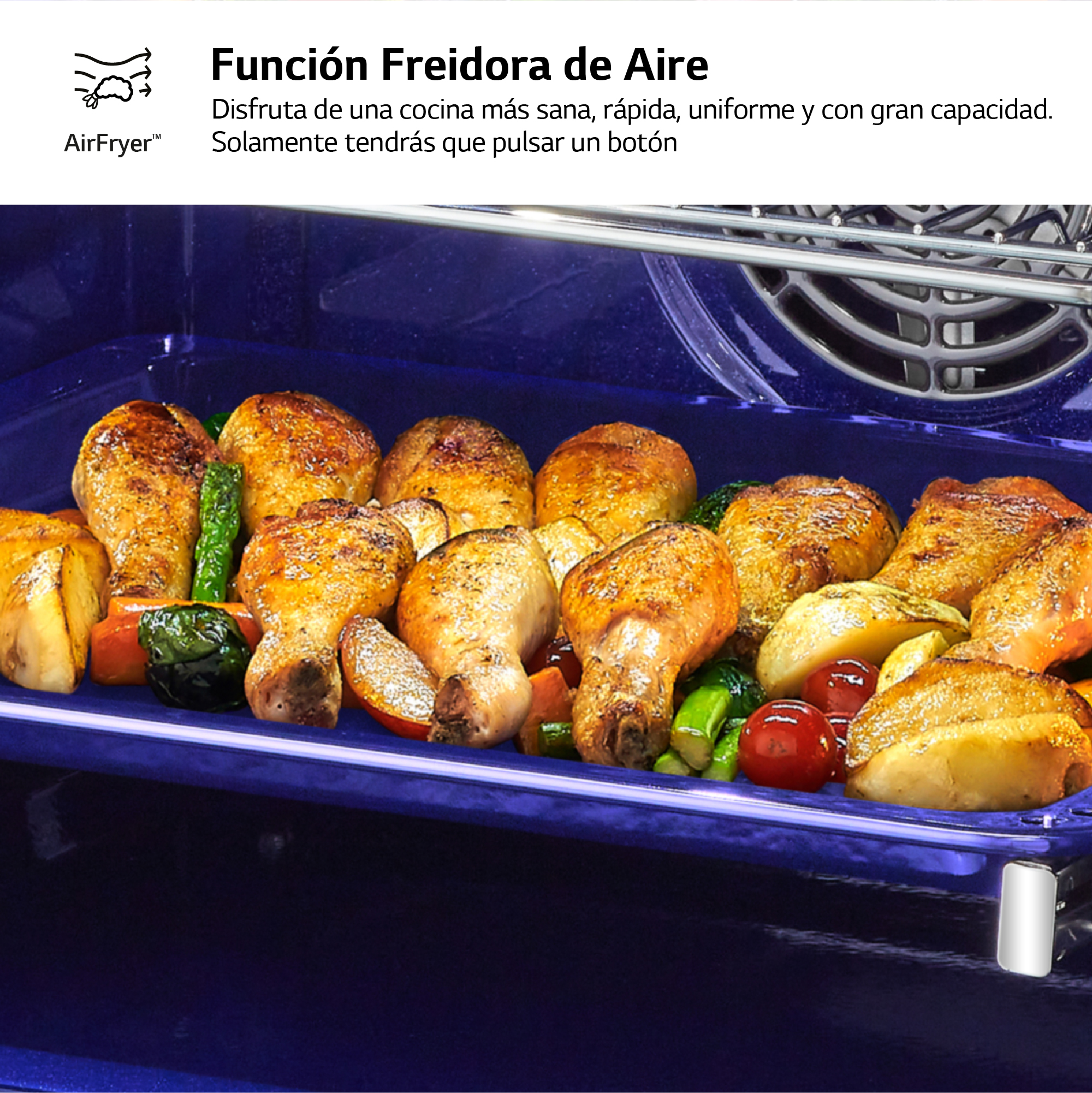 Dentro de un horno con muslos de pollo cocidos, con interior azul y texto: función Air Fryer.