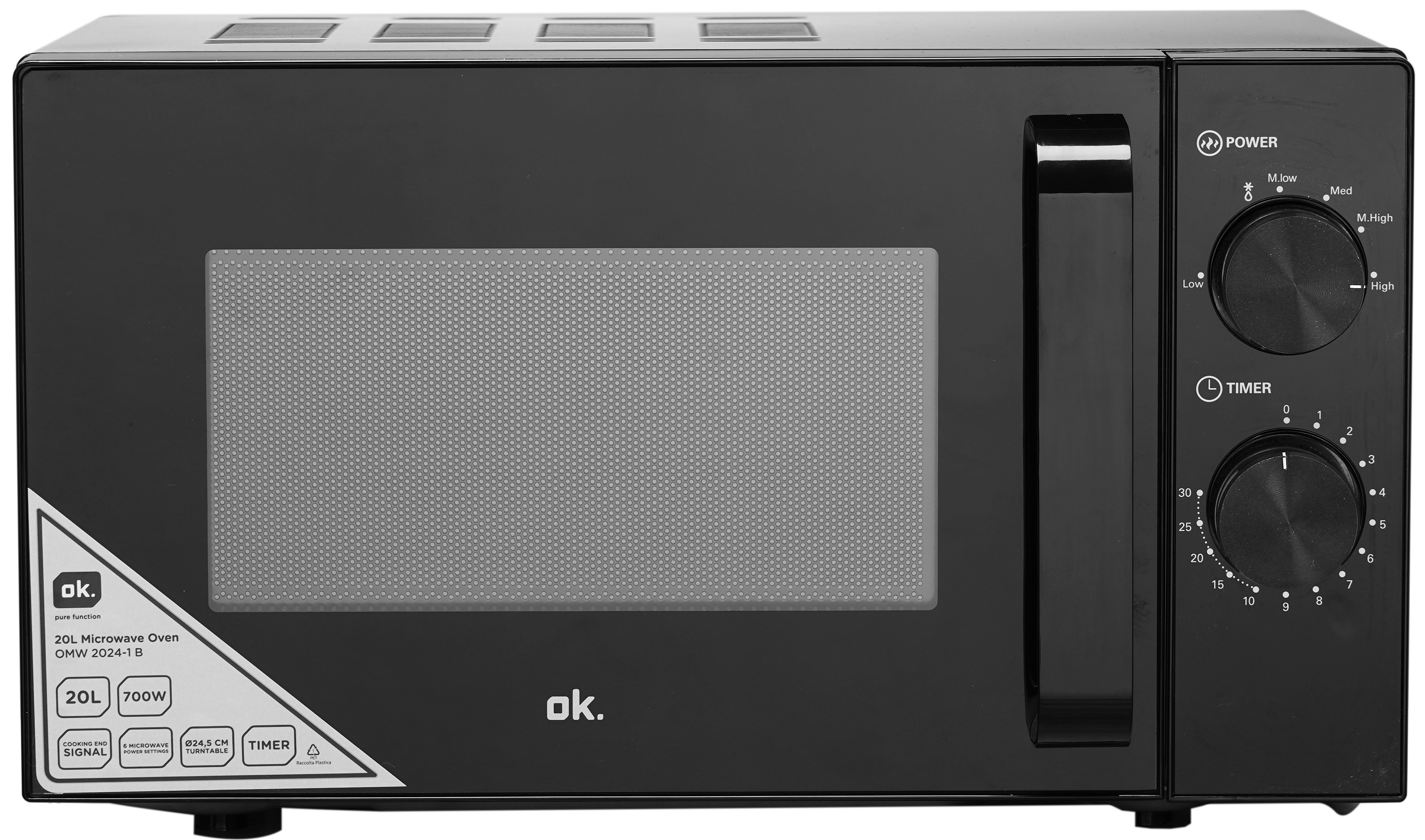 Czarna kuchenka mikrofalowa, z panelem sterowania i drzwiami, na białej powierzchni.