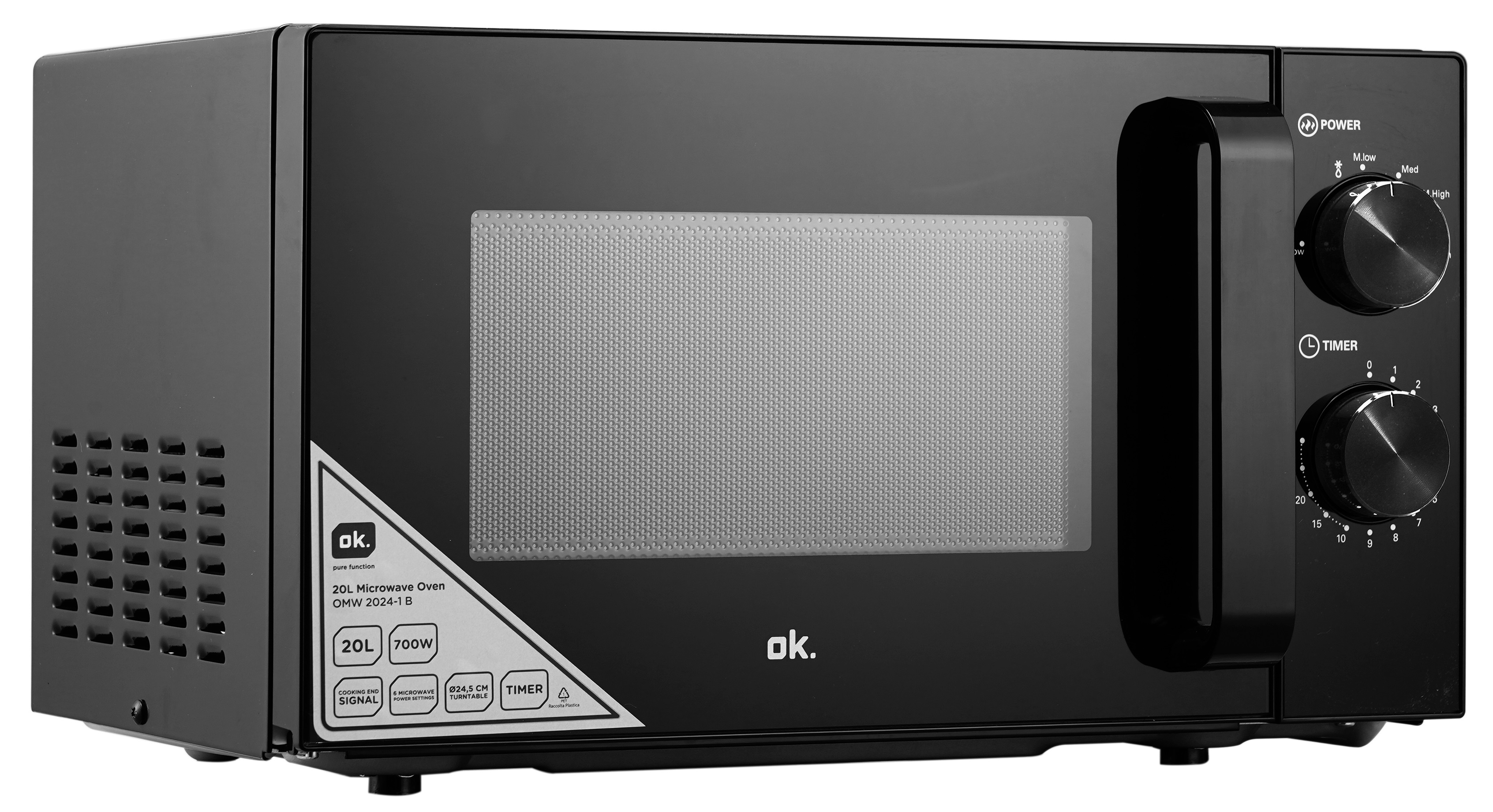 Czarny piekarnik mikrofalowy ze szklanymi drzwiami i pokrętłami.