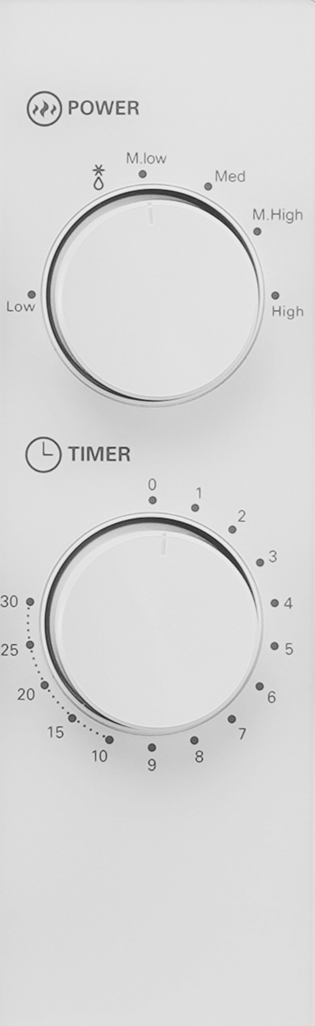 Biały panel sterowania. Dwa pokrętła: Moc i Timer. Tekst opisuje ustawienia pokręteł.