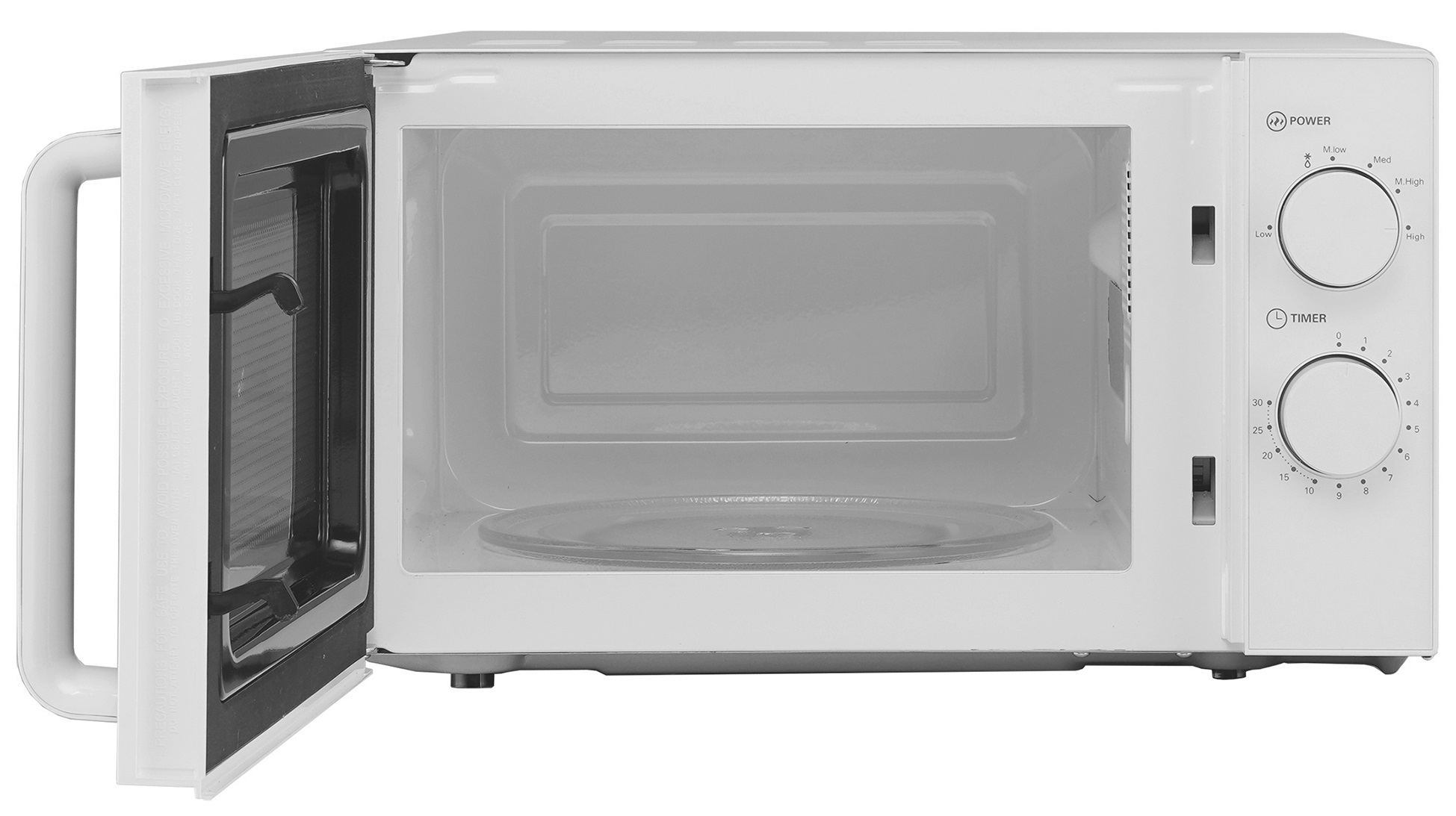 Biała kuchenka mikrofalowa z otwartymi drzwiami, wnętrze ze szklanym talerzem, białe tło.