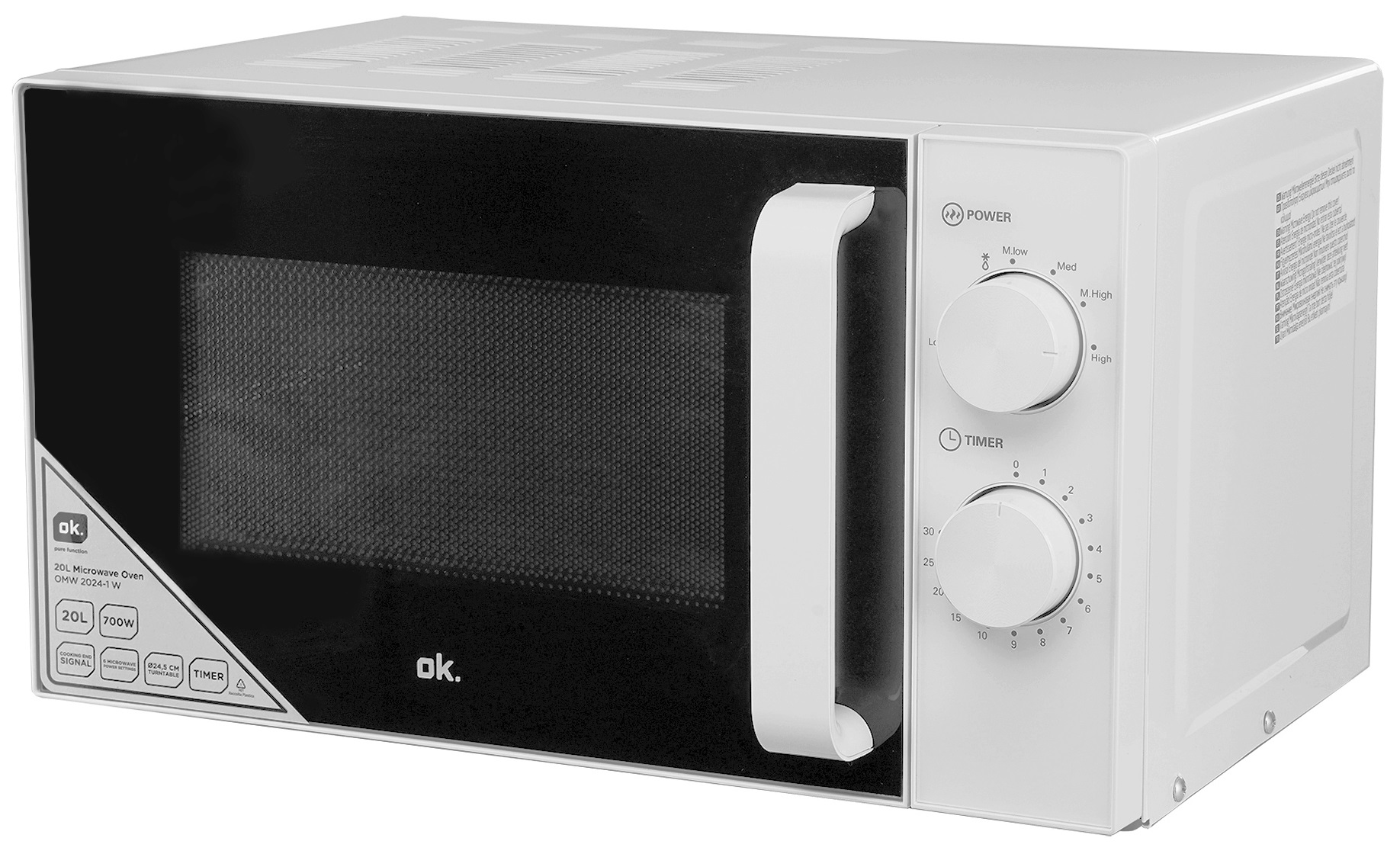 Biała kuchenka mikrofalowa z czarnymi drzwiami i panelem sterowania. Panel ma dwa pokrętła.