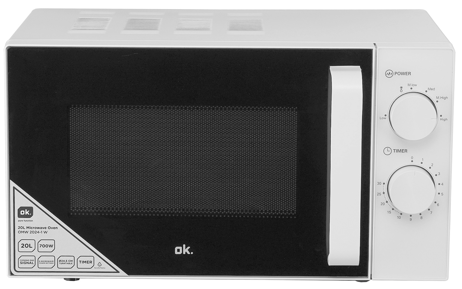 Biała kuchenka mikrofalowa z czarnymi drzwiami i panelem sterowania po prawej stronie.