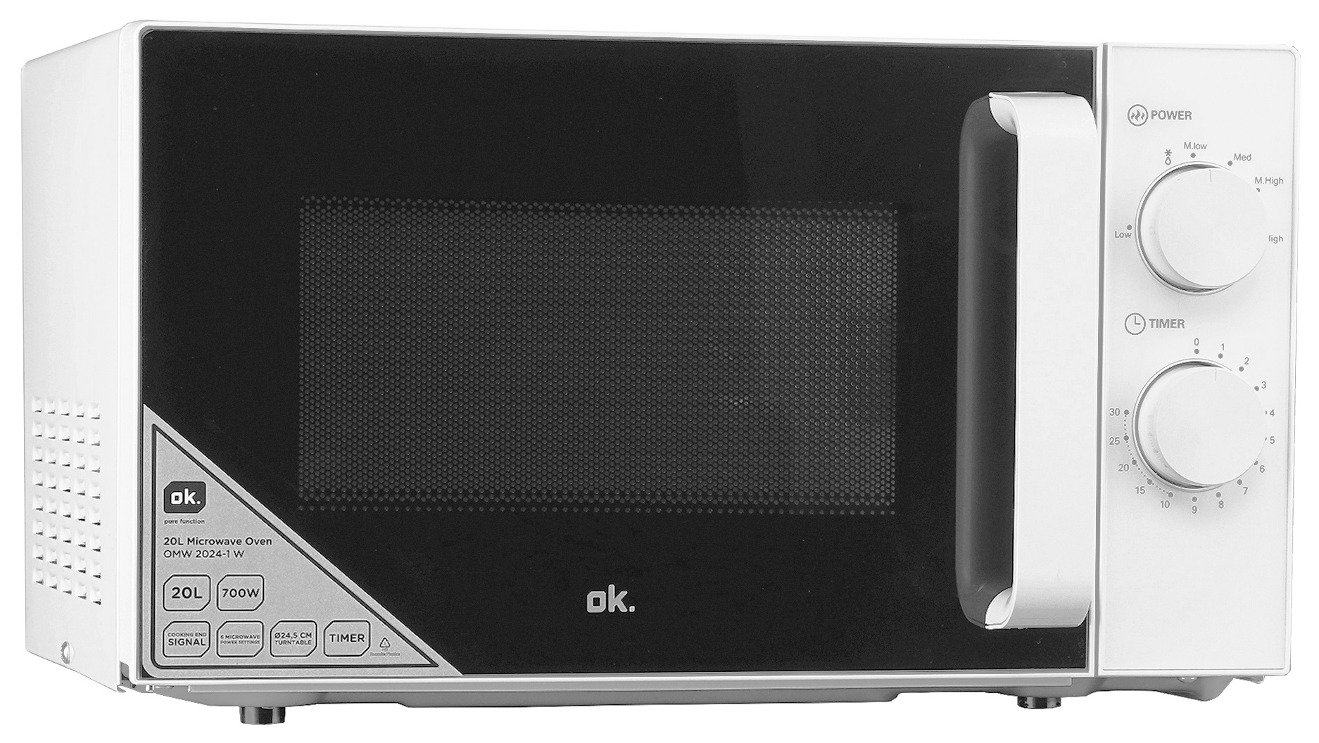 Biała kuchenka mikrofalowa z czarnymi drzwiami i panelem sterowania. Przyciski i pokrętła po prawej.