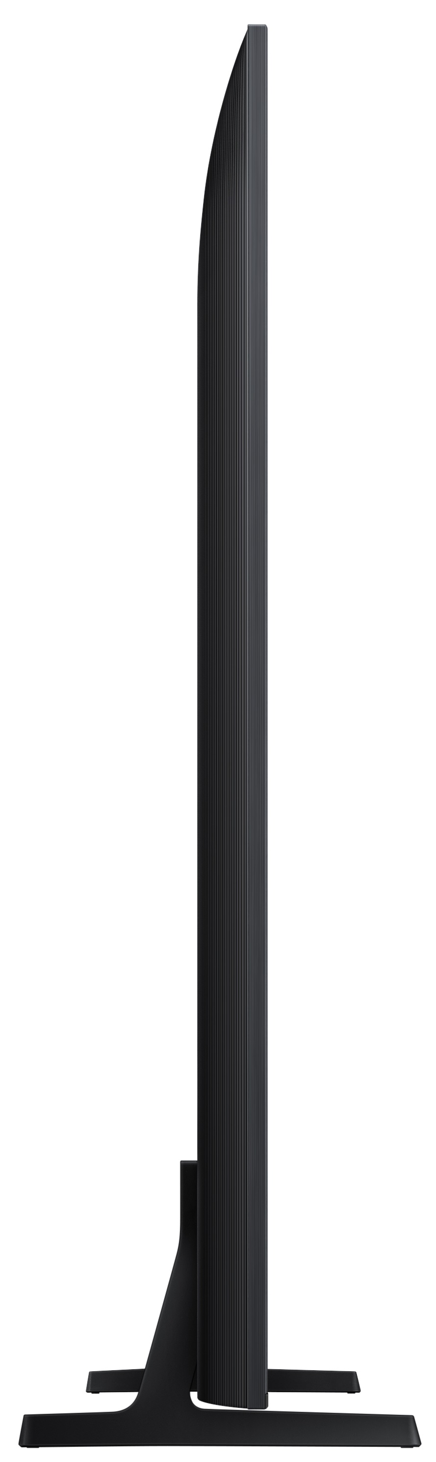 Czarny telewizor, widok z boku, smukły profil, dwie nogi i minimalistyczny design. Białe tło.