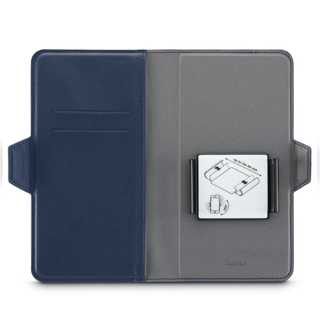 Tablet-Hülle geöffnet. Blaue Abdeckung links, grauer Innenraum rechts. Tablethalterung in der Mitte. Weißer Hintergrund.