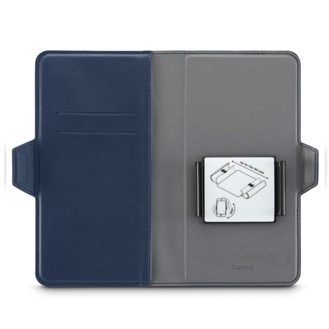 Eine blaue und graue Tablethülle, geöffnet, um einen Telefonhalter und ein Telefon zu zeigen.