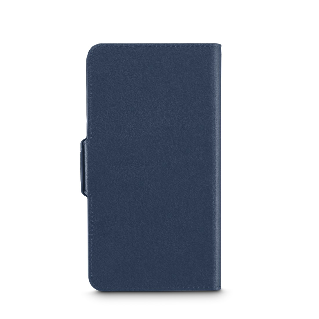 Blaue Handyhülle, geschlossen, aufrecht stehend. Die Hülle ist aus Leder.