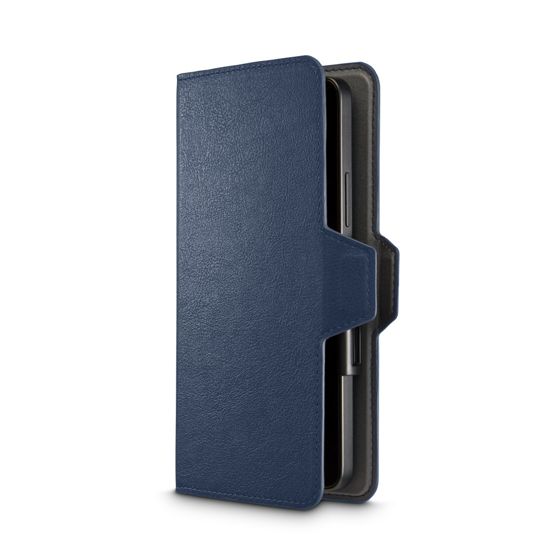 Offene blaue Handyhülle mit einem Telefon darin.