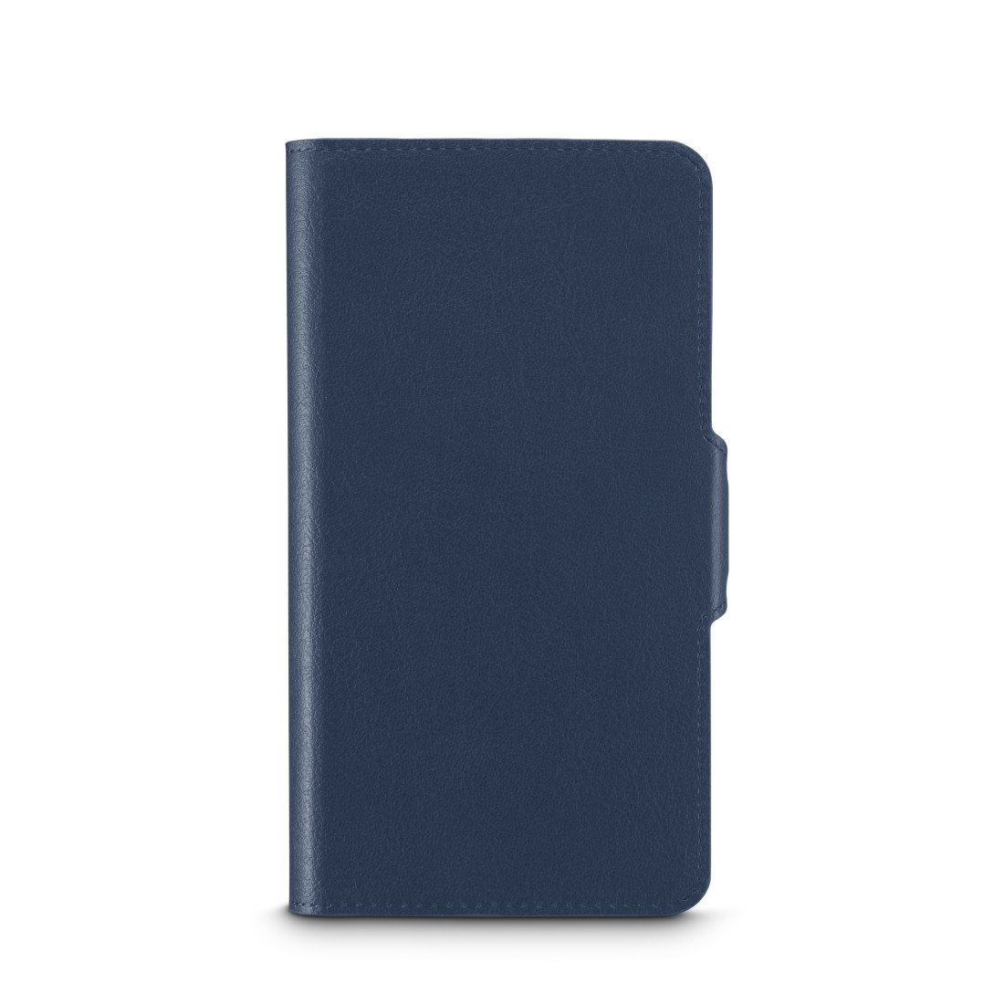 Eine geschlossene blaue Leder-Handyhülle.