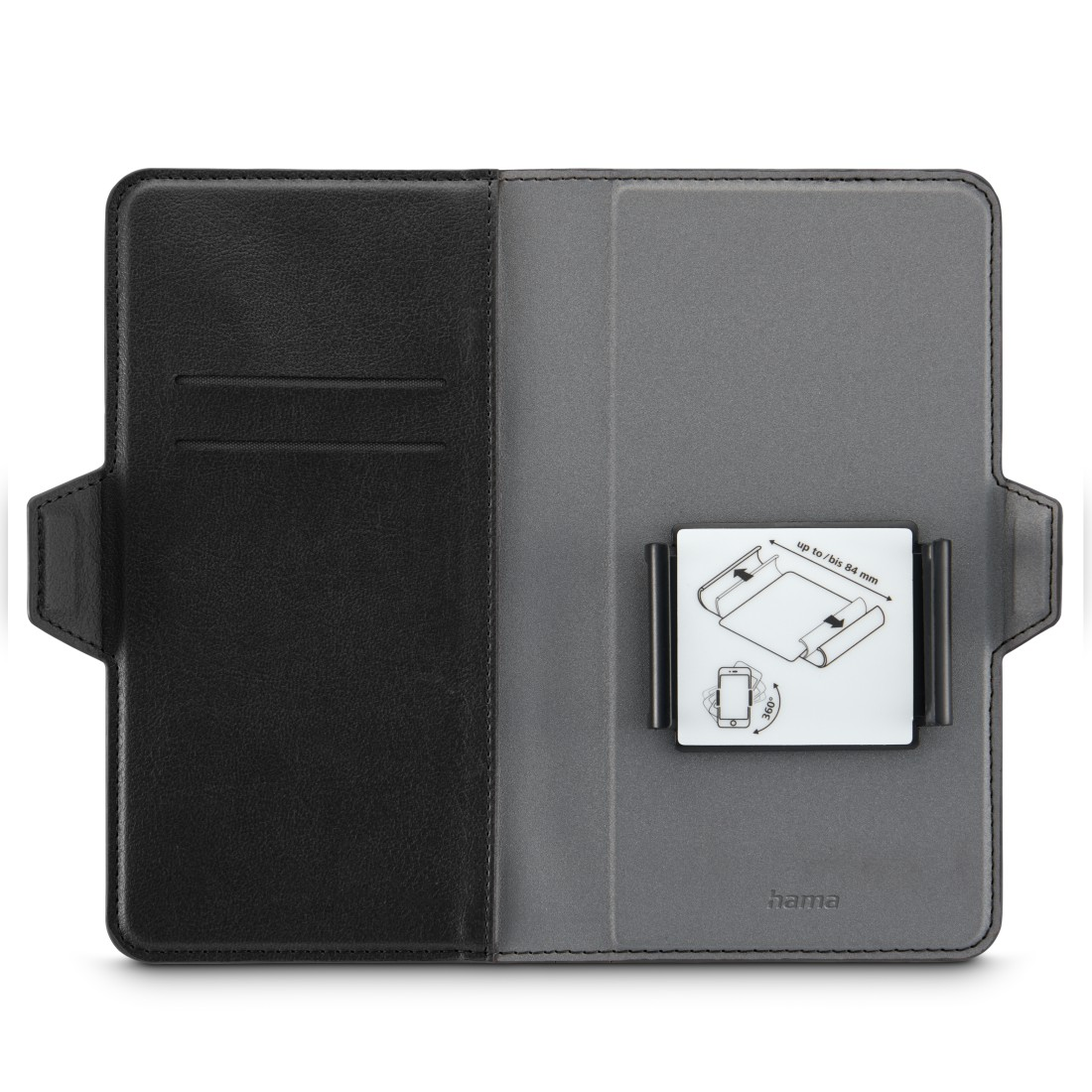 Schwarze und graue Tablethülle, geöffnet, um zwei Taschen und einen Telefonhalter freizulegen.